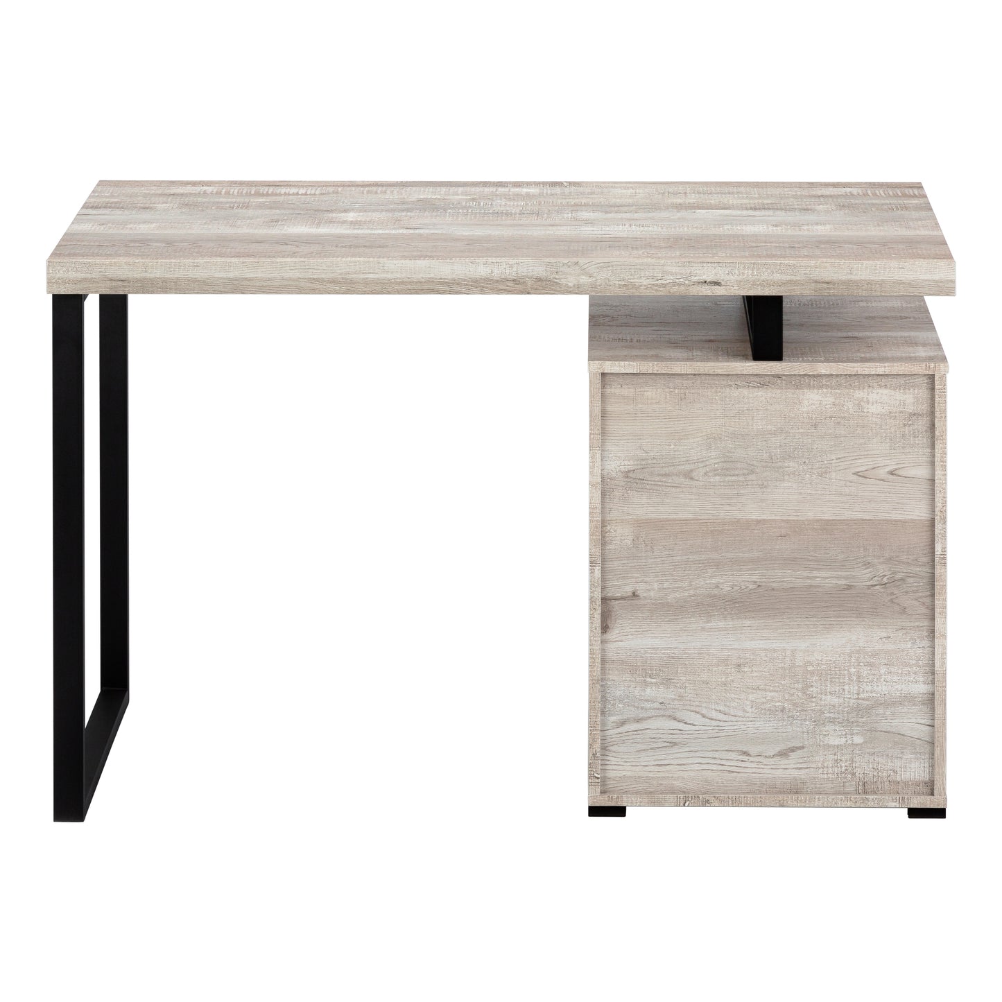 Light wood grain executive desk with black metal legs and integrated drawer unit