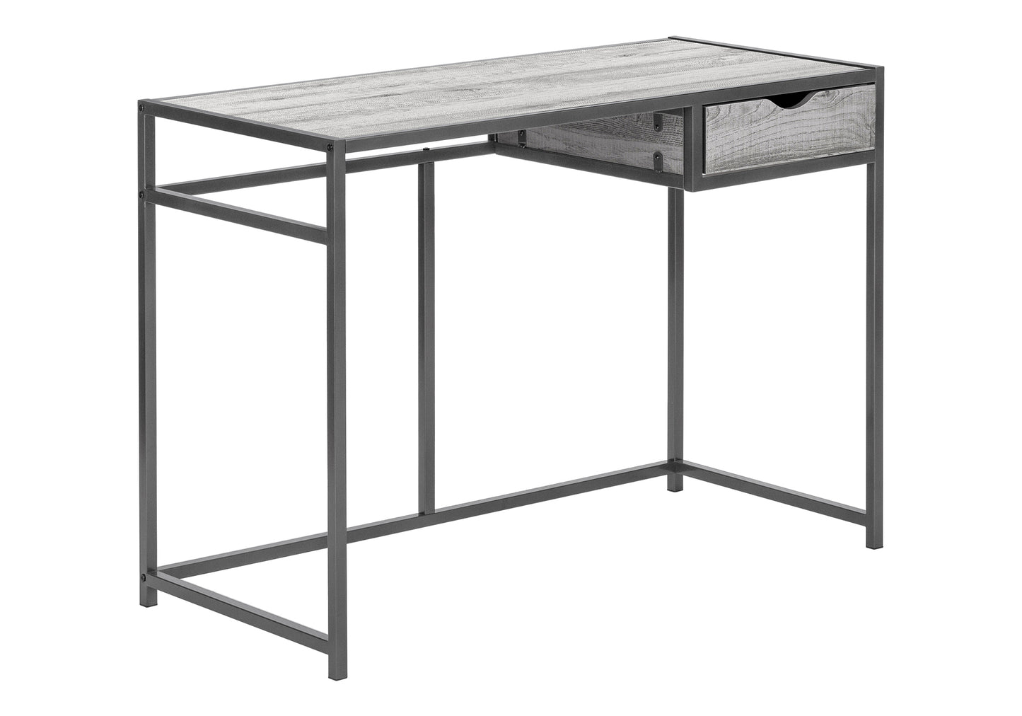 Gray wood grain desk with black metal frame and single drawer