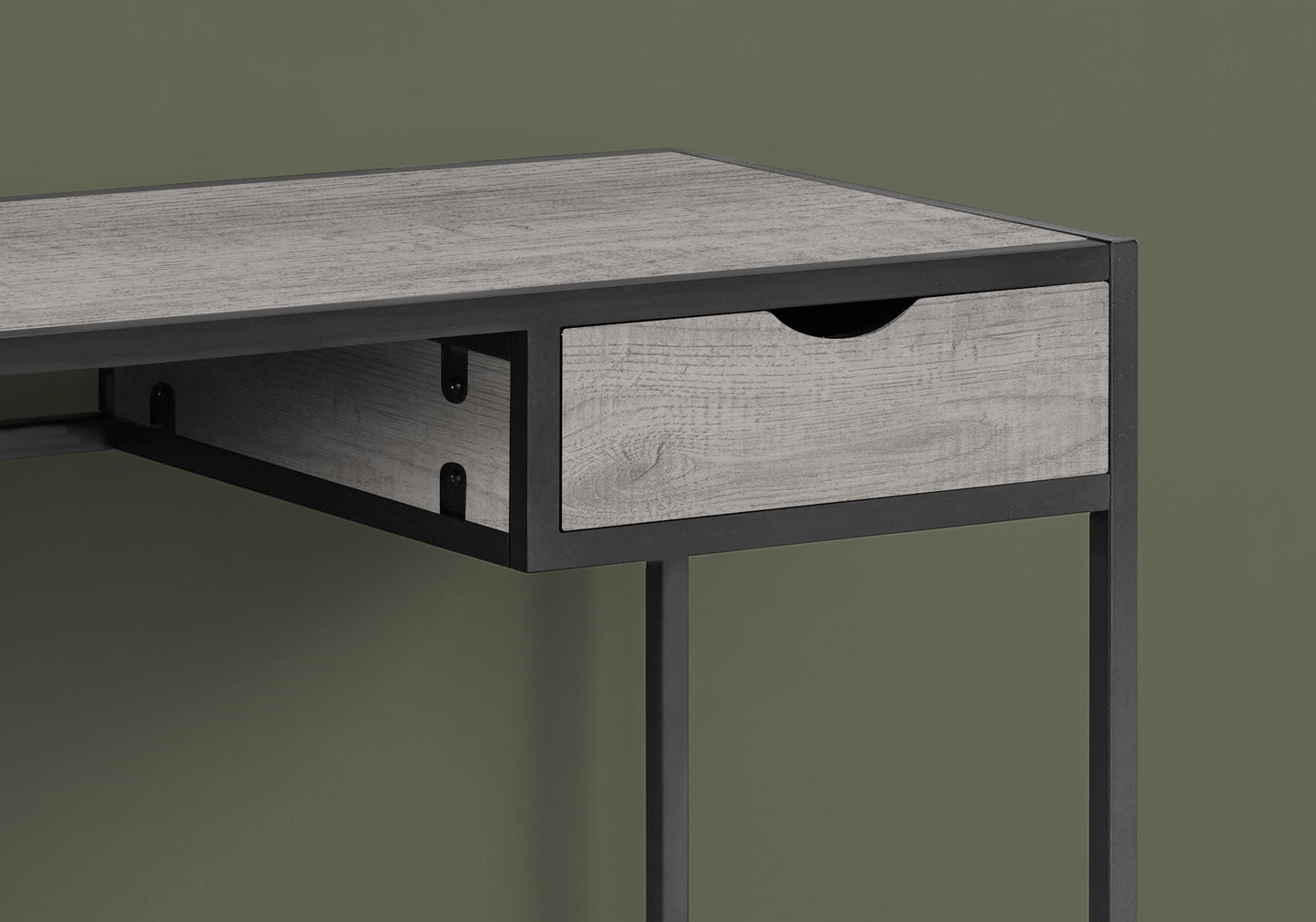 Rustic gray wood and black metal console table with drawer