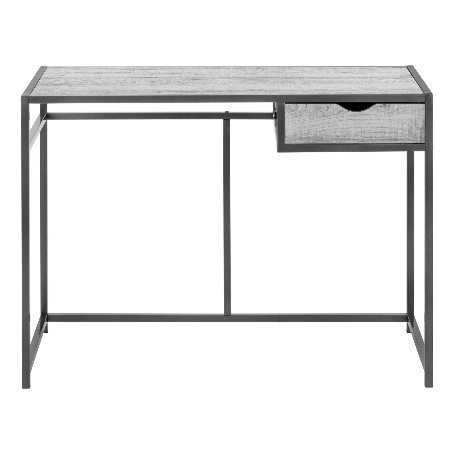 Modern grey wood grain desk with a single drawer and black metal frame for home office use