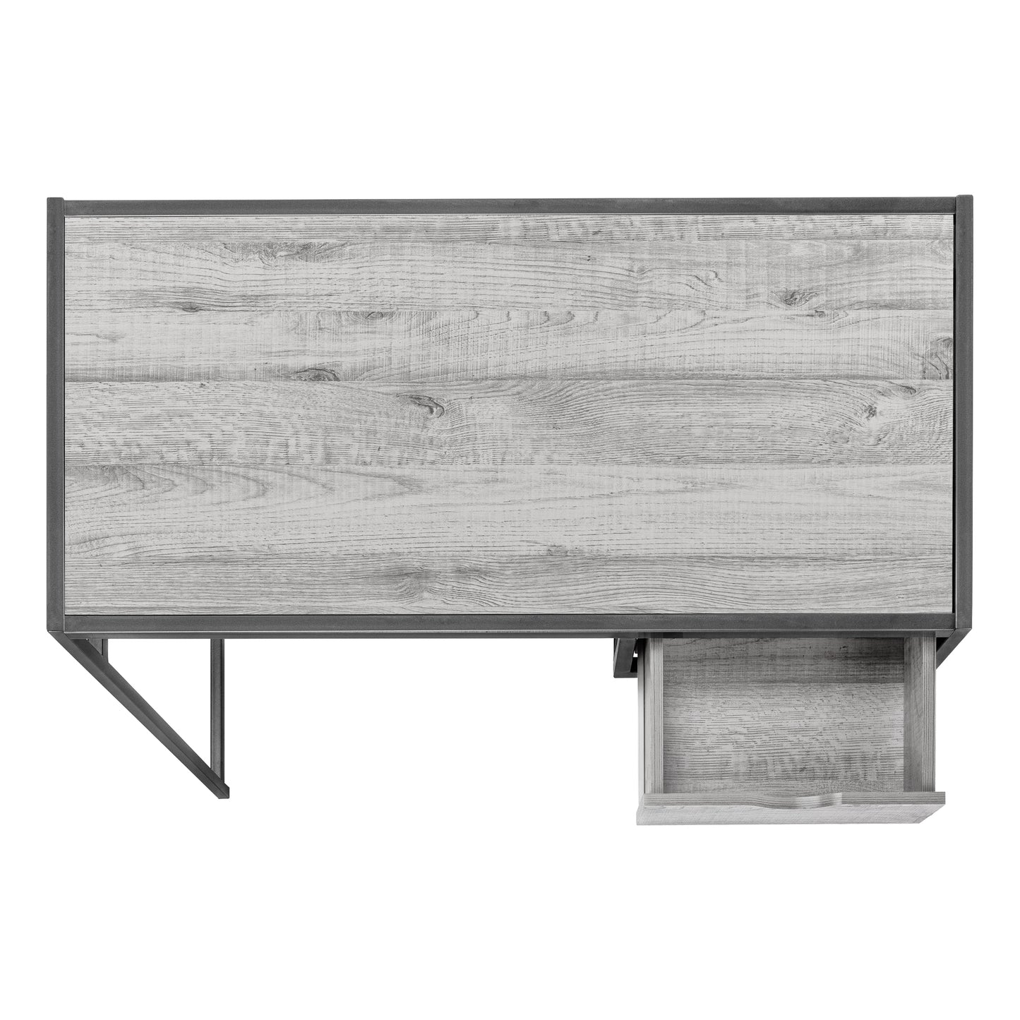 Modern gray wood desk with metal frame and open drawer for home office use