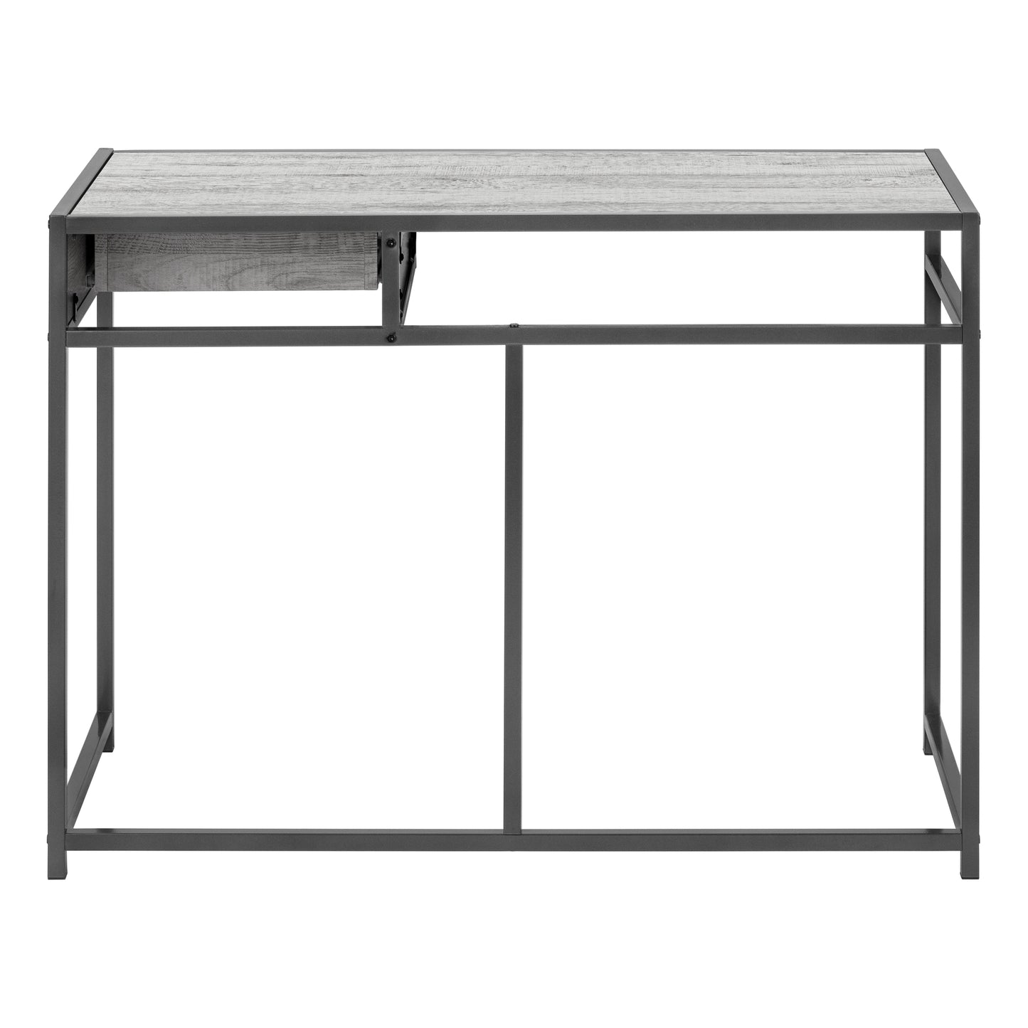 Modern grey wood grain desk with one drawer and black metal frame