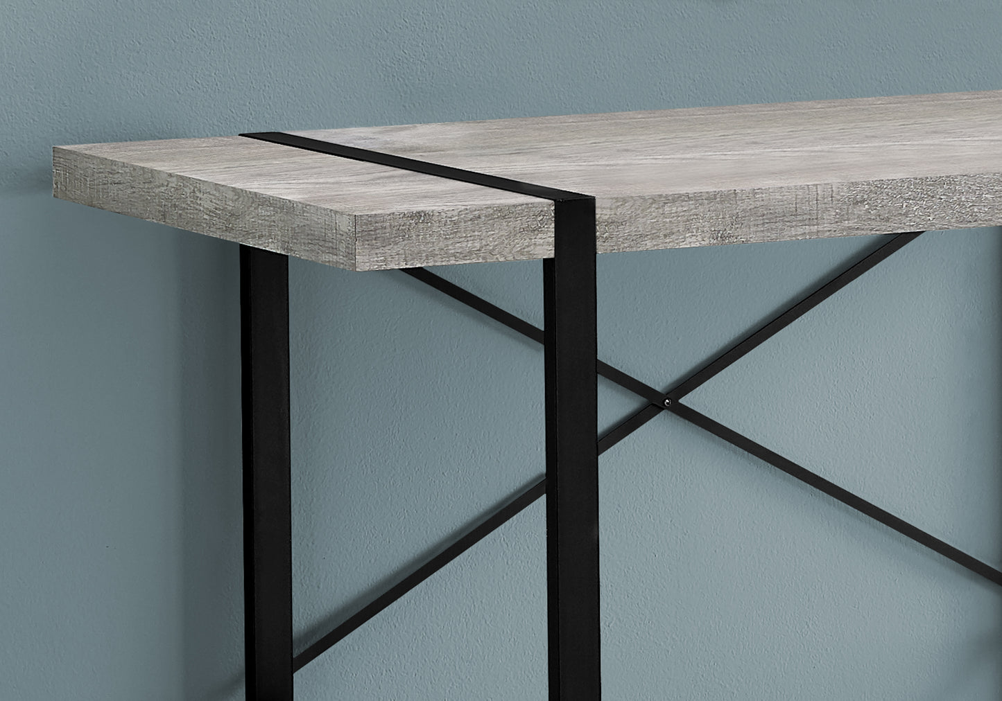 Modern console table with weathered gray wood top and black metal frame