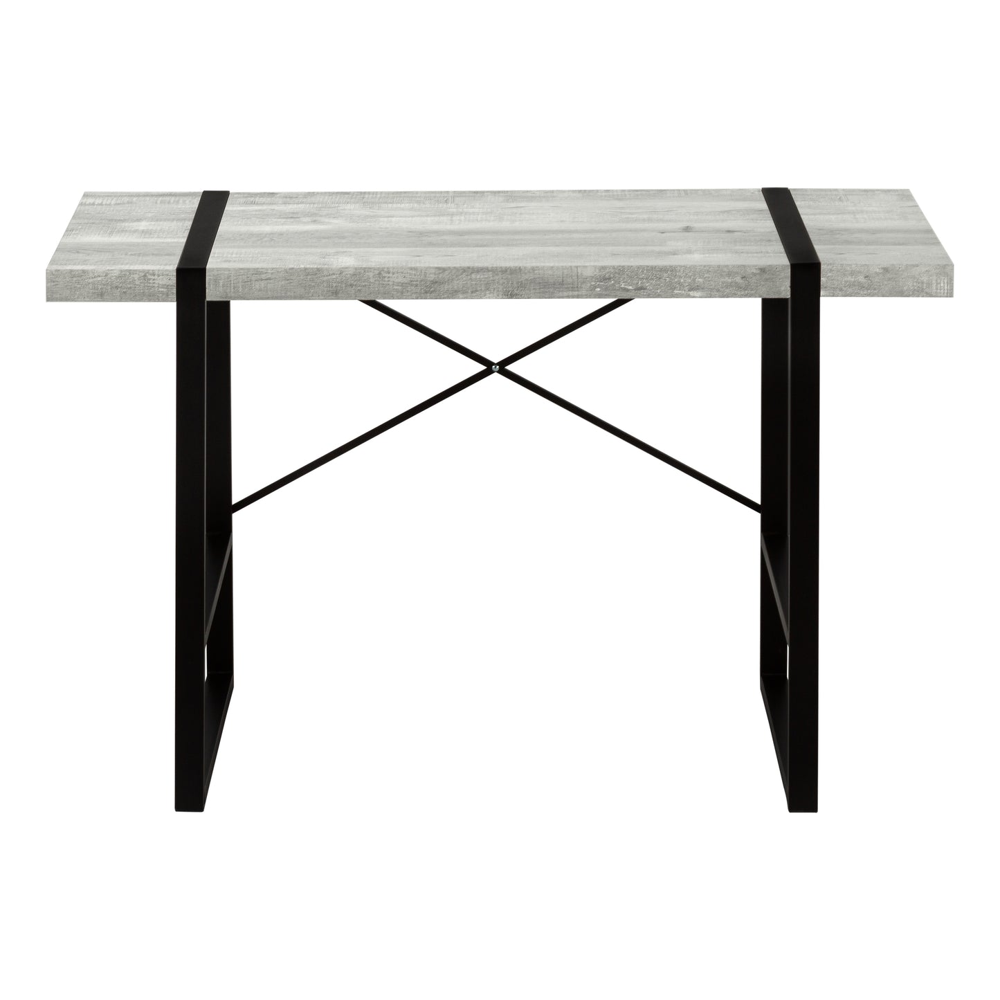 Gray wood grain desk with black metal frame and crossbraced legs for a modern study space