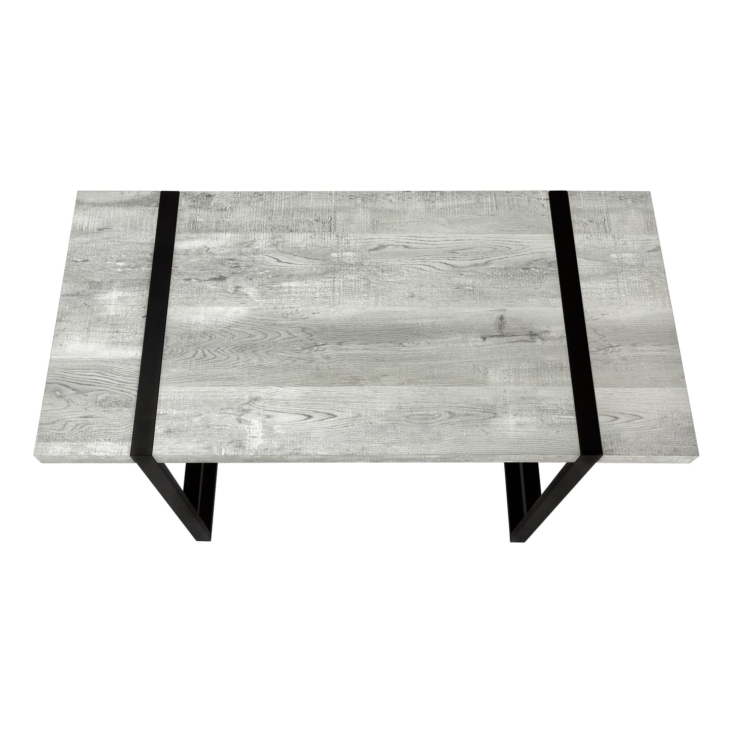 Modern grey wood grain coffee table with black metal legs for living rooms