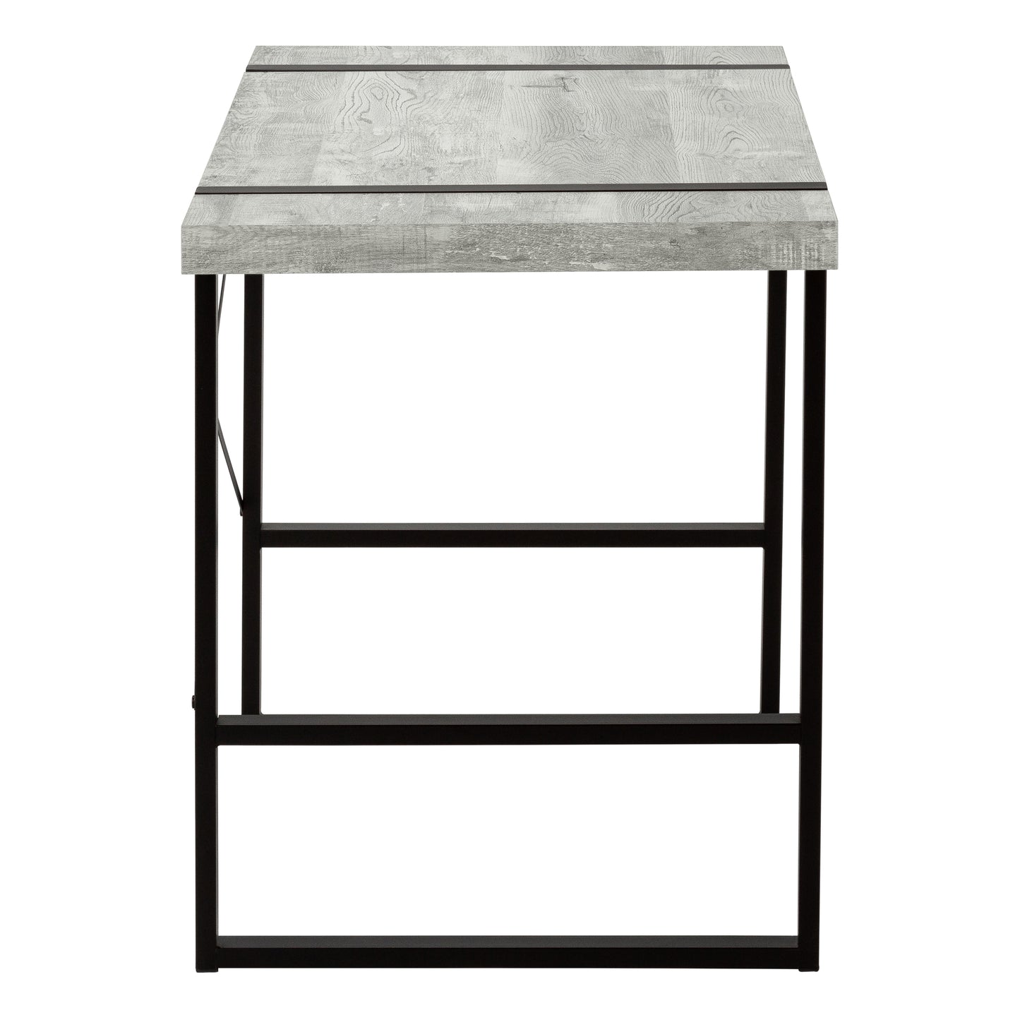 Grey wood veneer console table with black metal frame accents