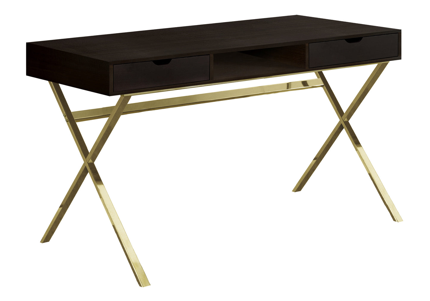 Dark wood desk with gold Xframe legs and two drawers