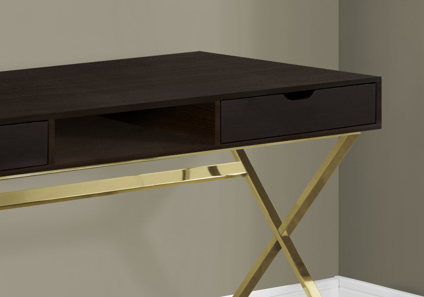 Dark wood modern desk with gold Xframe legs and two drawers