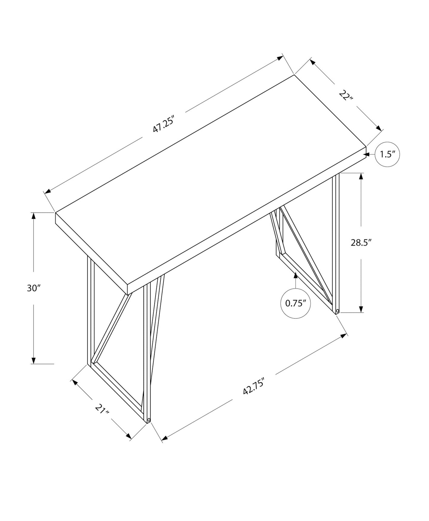 Modern white desk with silver geometric legs W x H