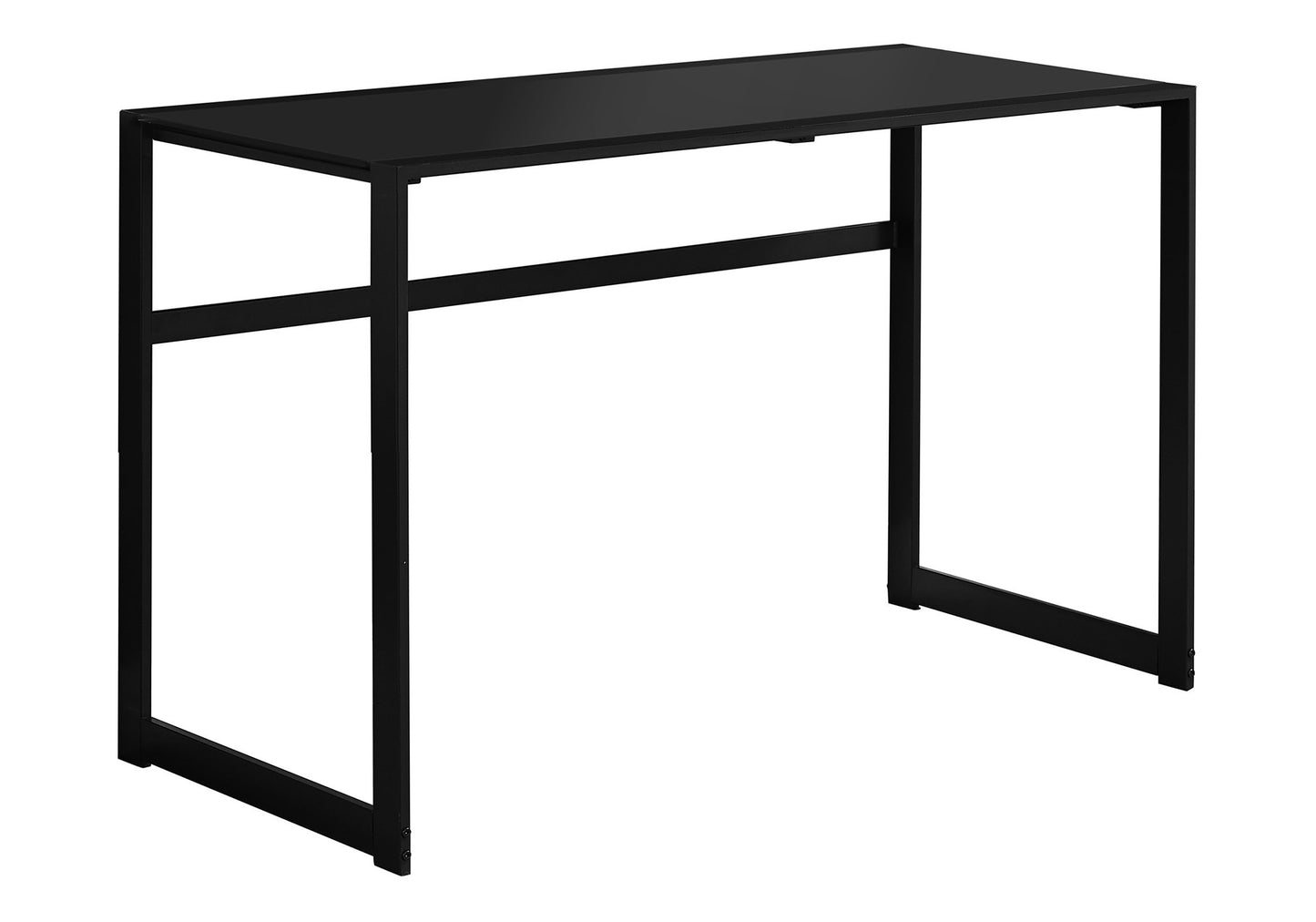 Sleek black console table with a metal frame and tempered glass top for modern living spaces