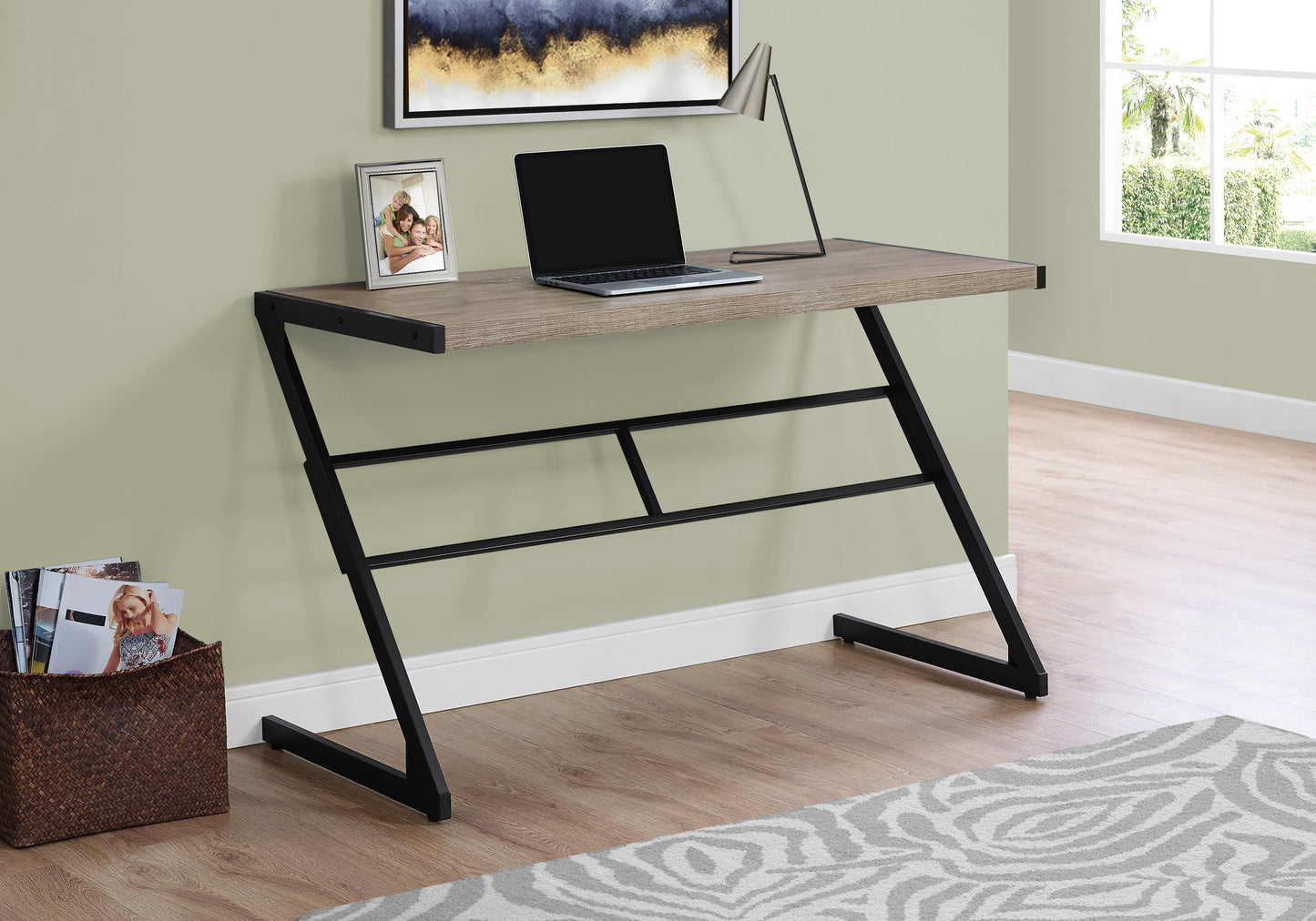 Modern Zleg desk with light oak finish and black metal frame laptop ready