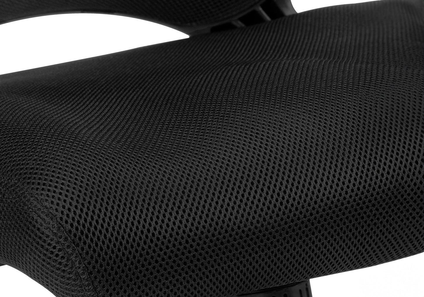 Closeup of black mesh fabric on an ergonomic office chair seat offering breathability