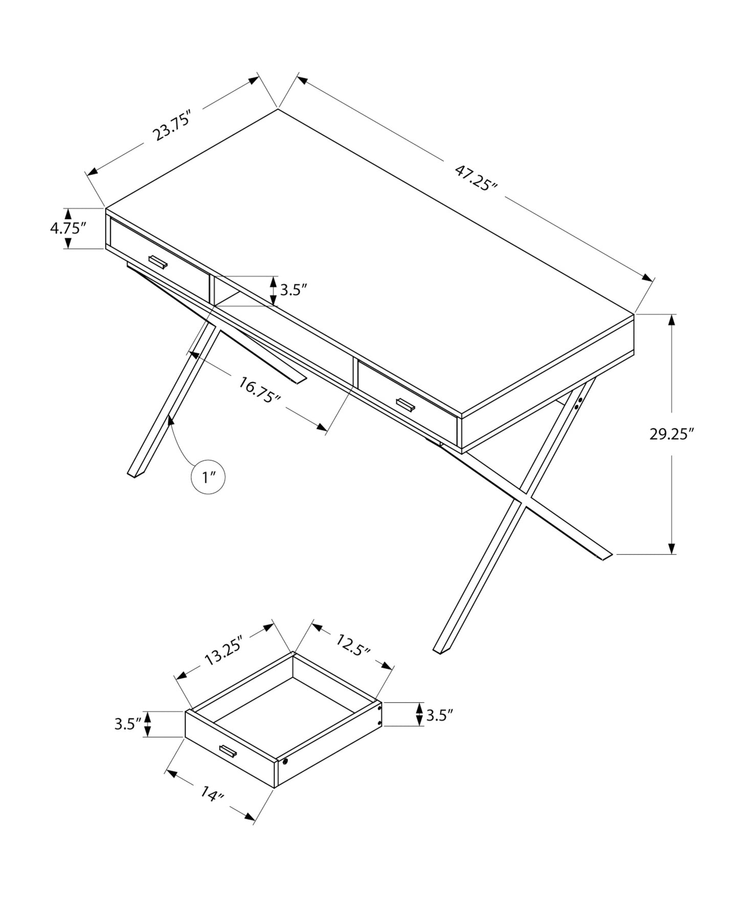 Modern metal desk with Xshaped legs featuring two drawers and detailed dimensions