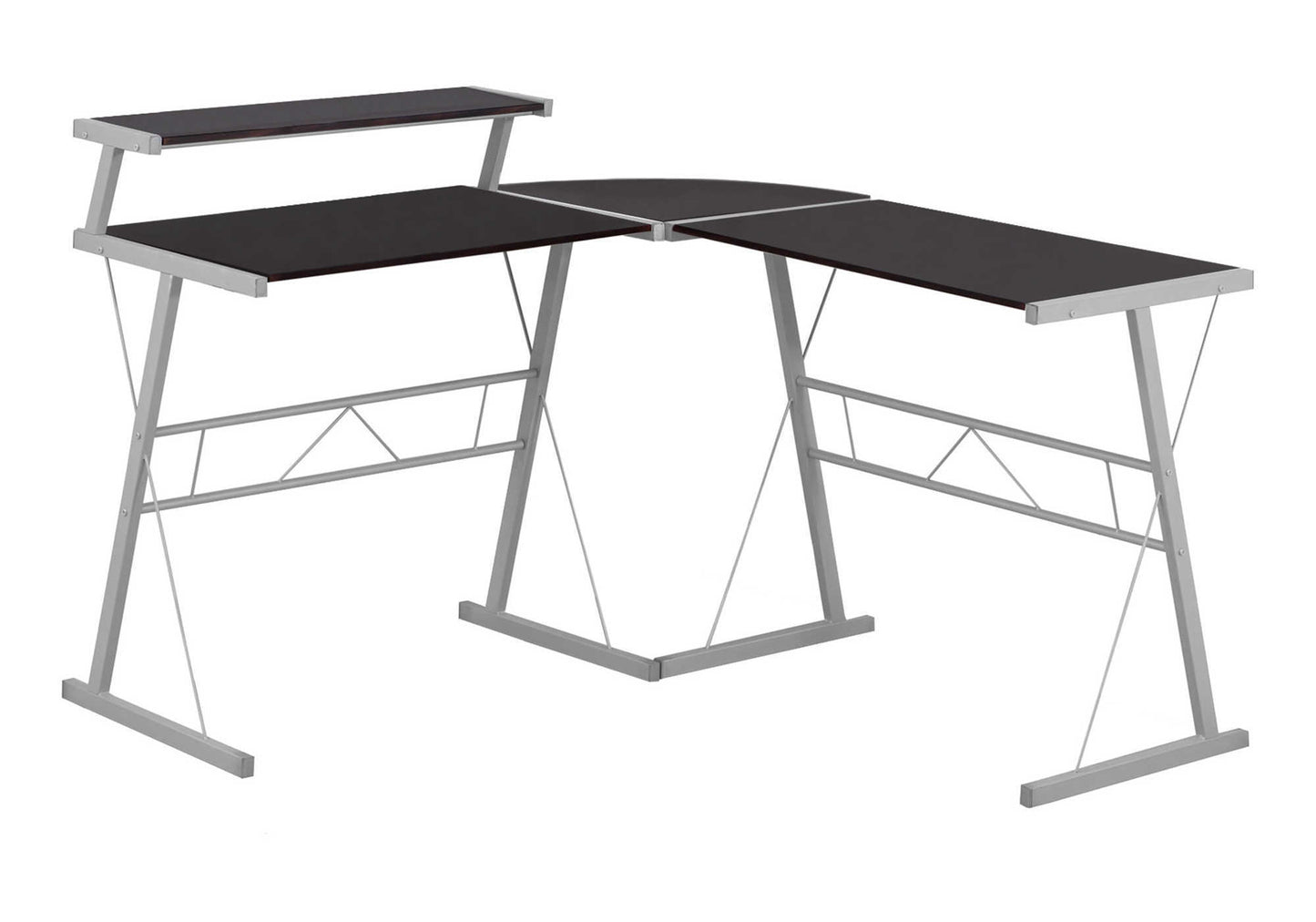Modern black lshaped computer desk with silver metal frame and monitor shelf