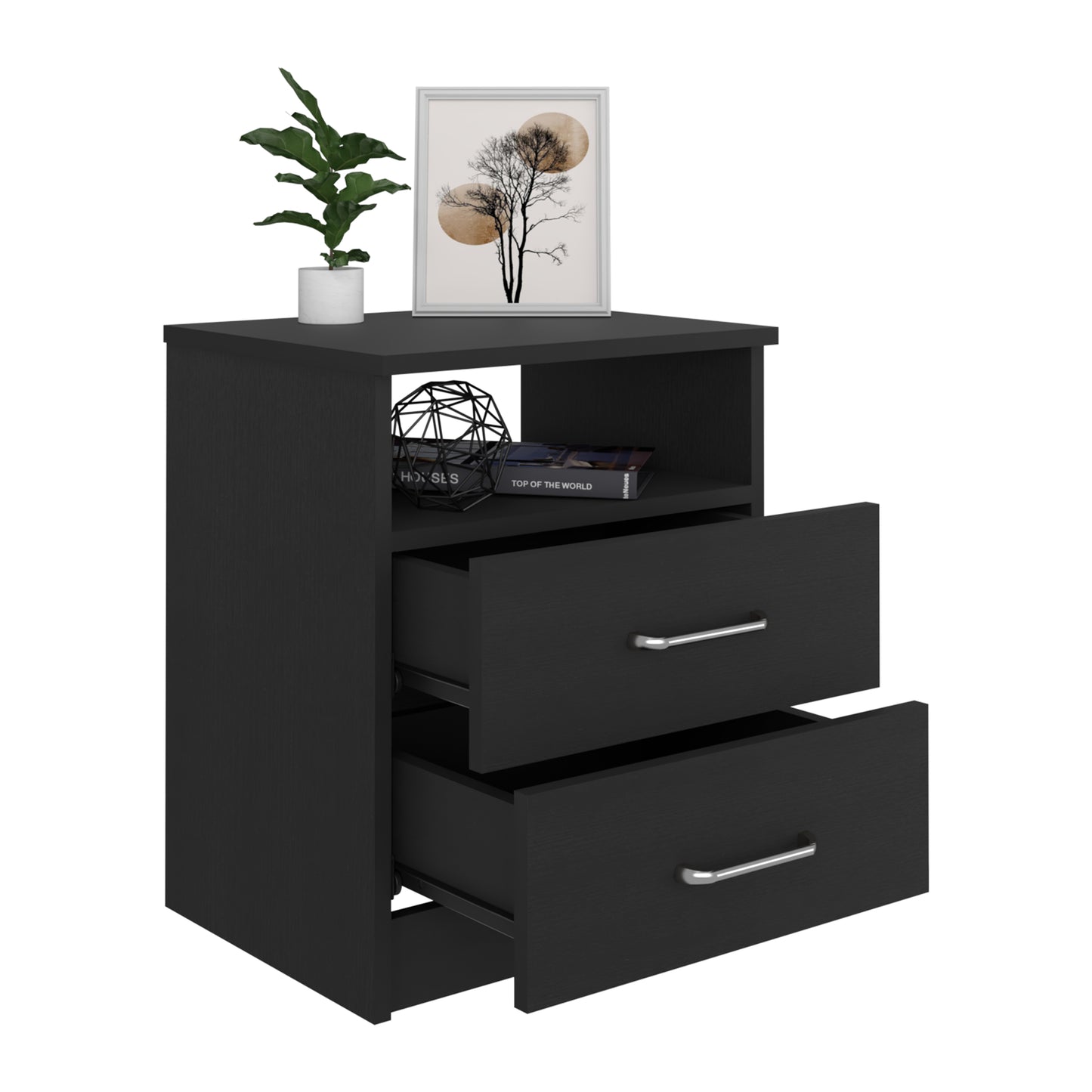 Black modern nightstand with two drawers and open shelf