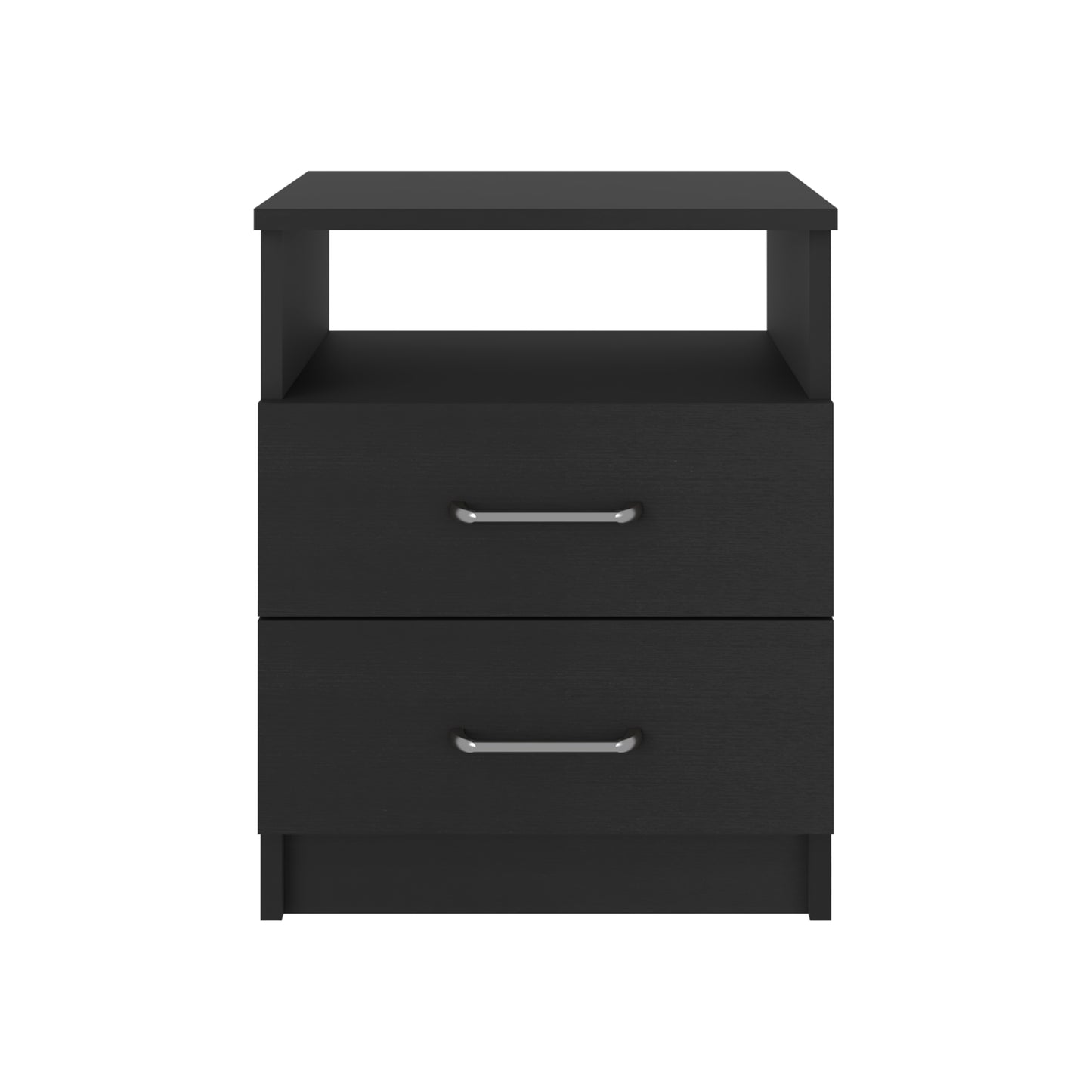 Black twodrawer nightstand with open shelf and silver handles
