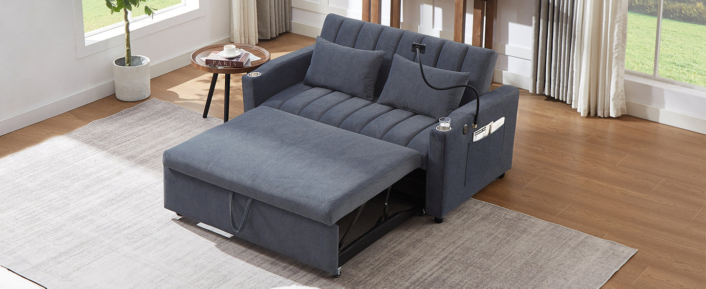 Dark gray fabric sofa bed with extended ottoman perfect for small apartments