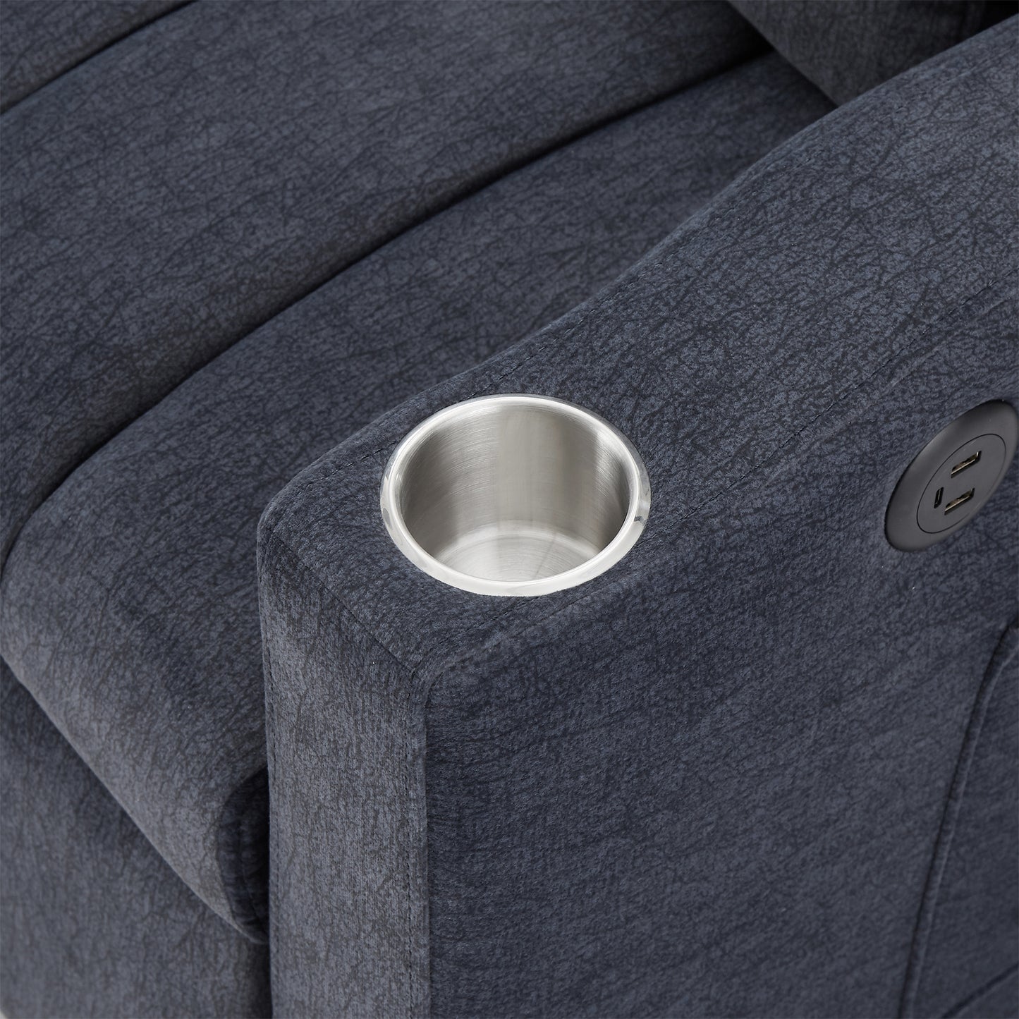 Dark gray fabric recliner armrest with stainless steel cup holder