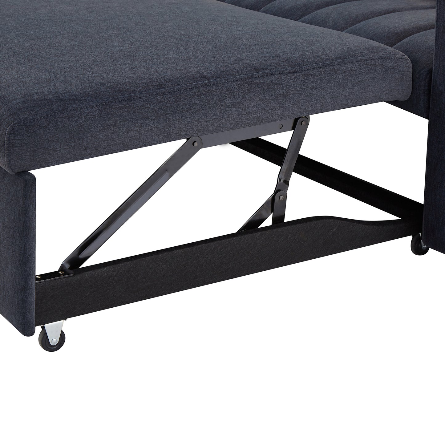 Dark grey upholstered sectional sofa with visible lifting mechanism and wheels