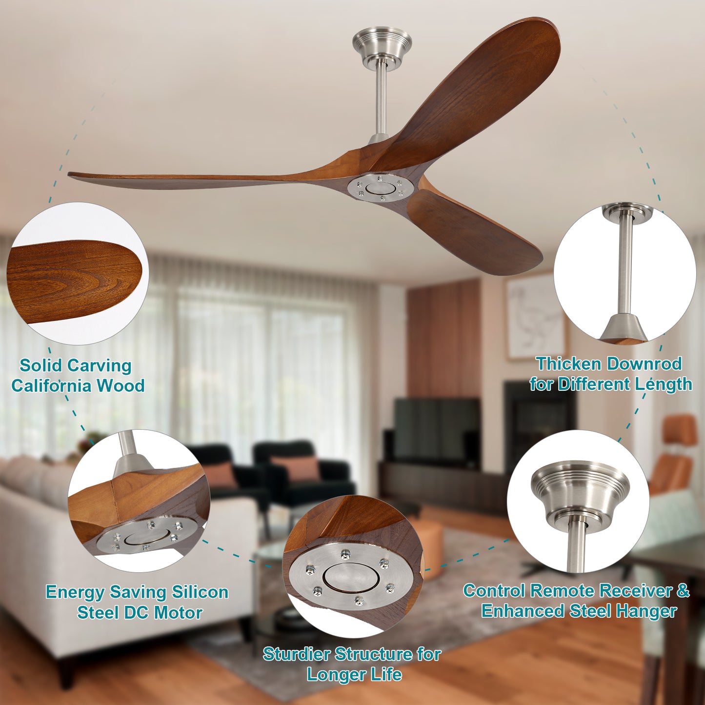Modern wood blade ceiling fan with brushed nickel finish energyefficient DC motor