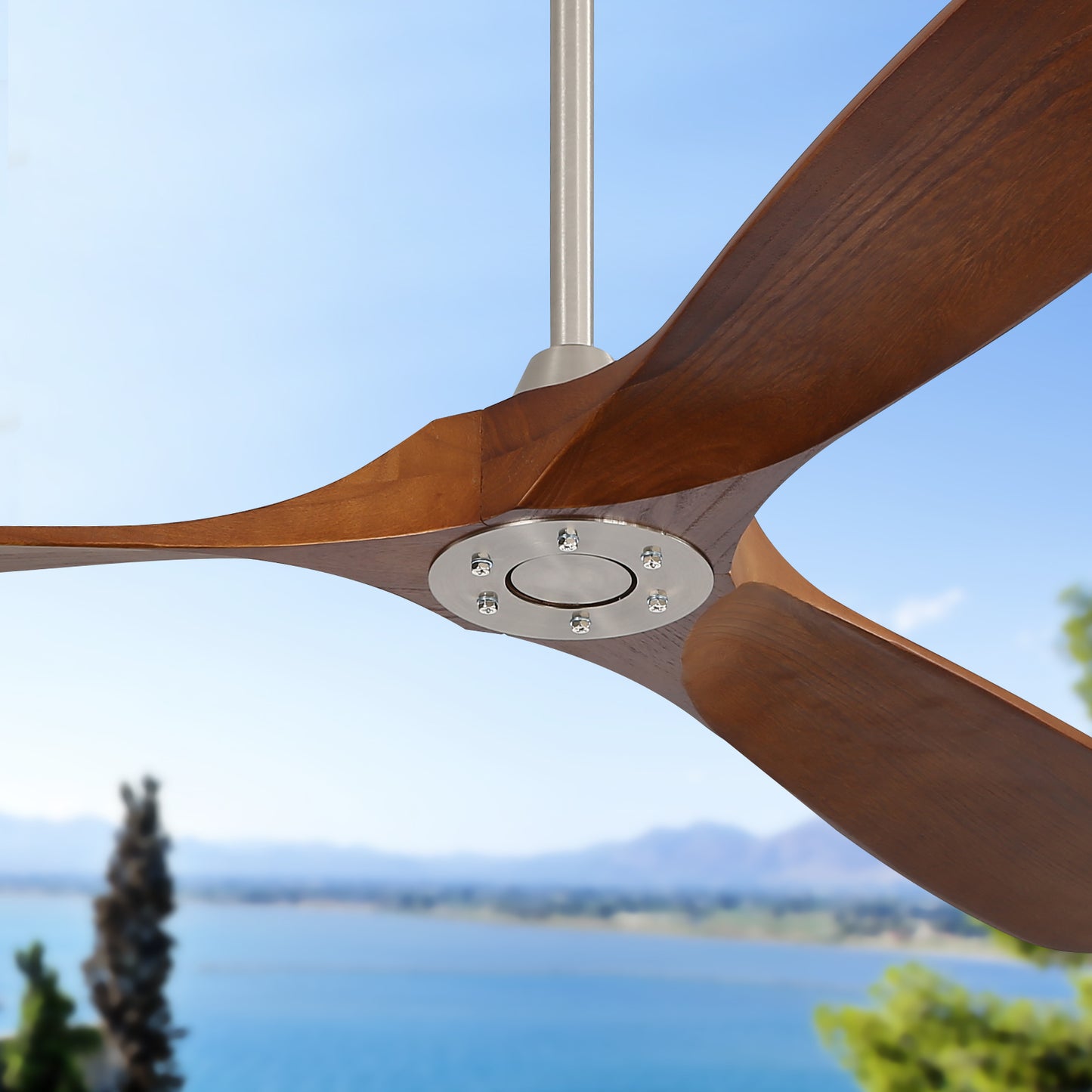Threeblade modern ceiling fan with rich walnut wood blades and brushed nickel accents