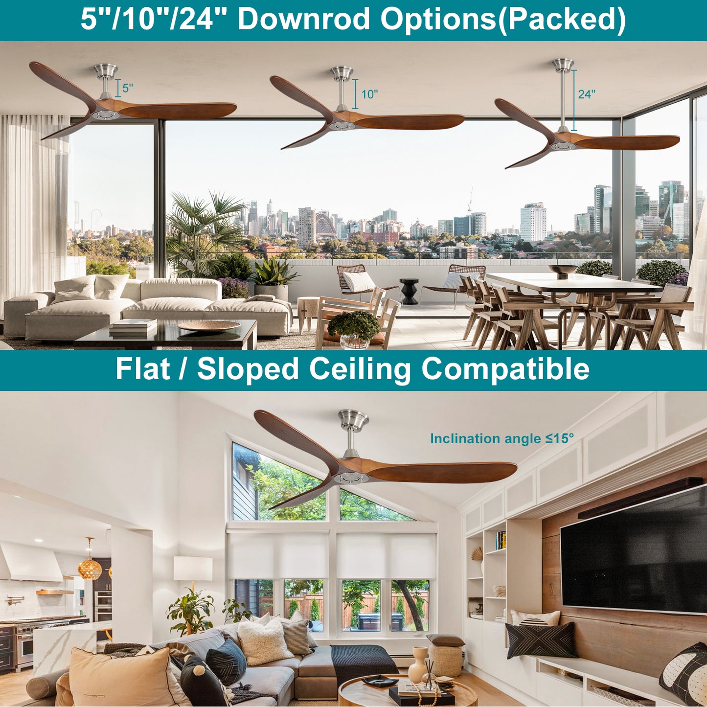 Modern wooden ceiling fan with inch downrod in a living room setting