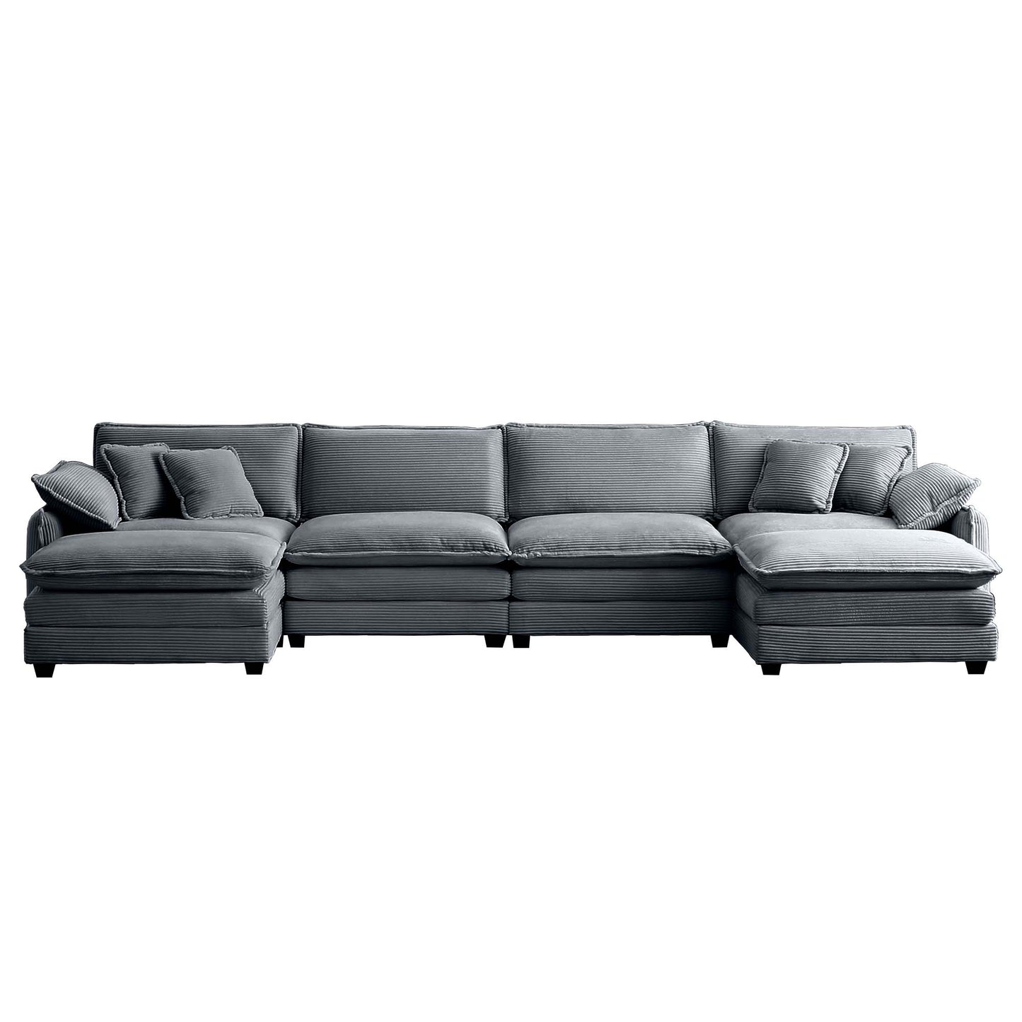 Contemporary grey corduroy sectional sofa with chaise and throw pillows