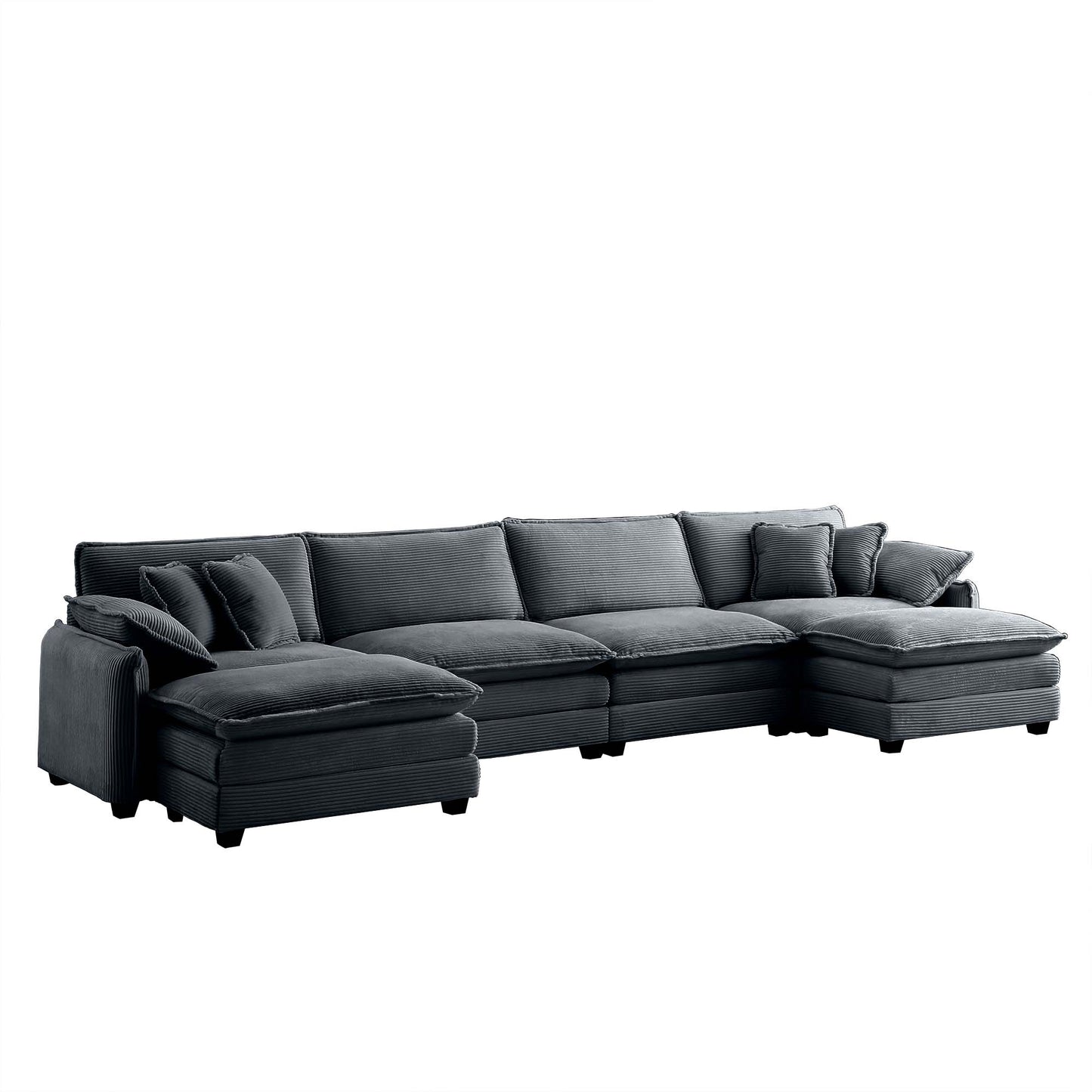 Dark gray corduroy sectional sofa with plush pillows perfect for a modern living room