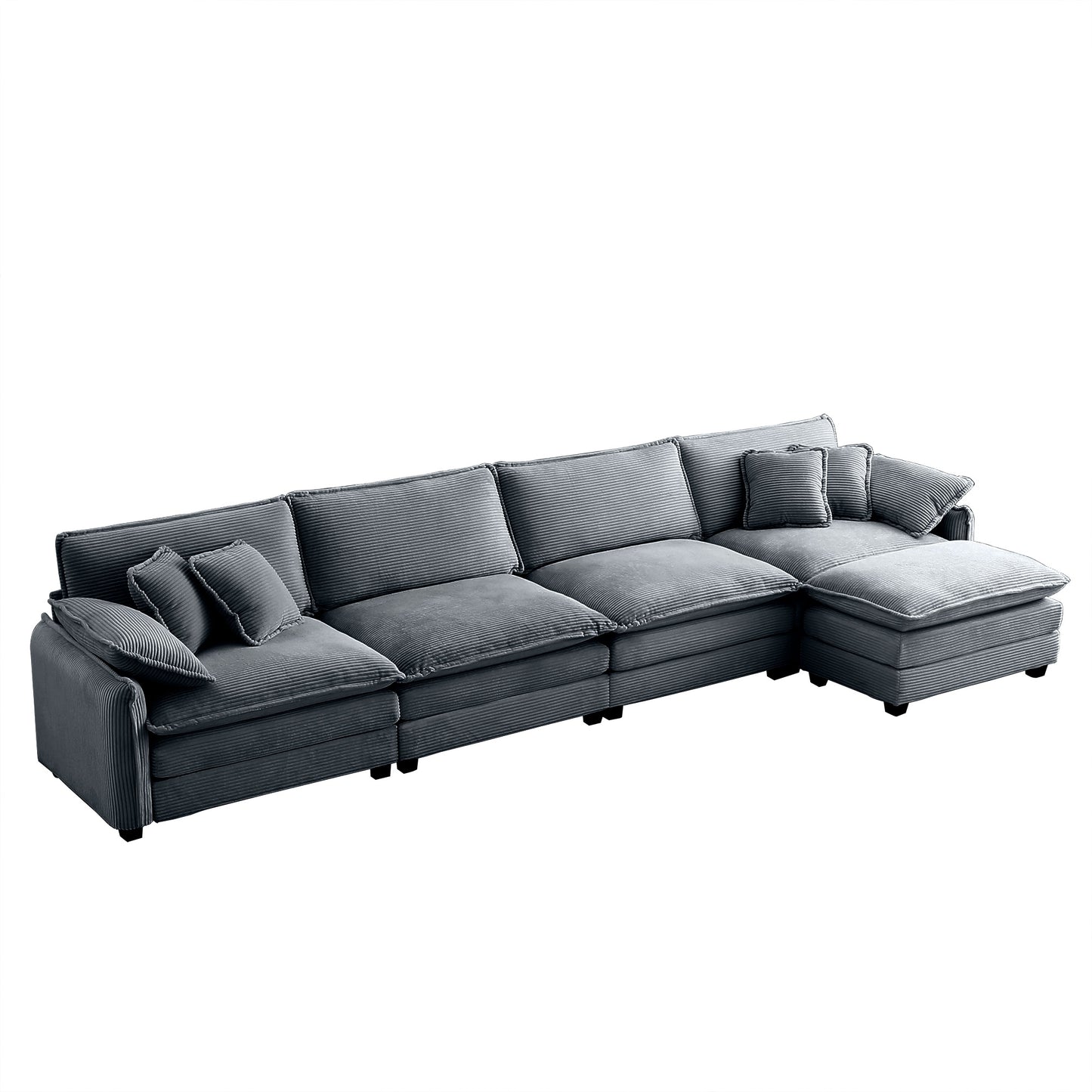 Gray corduroy sectional sofa with chaise lounge and accent pillows