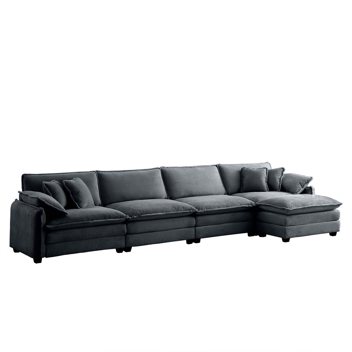 Dark grey corduroy sectional sofa with plush cushions and chaise lounge
