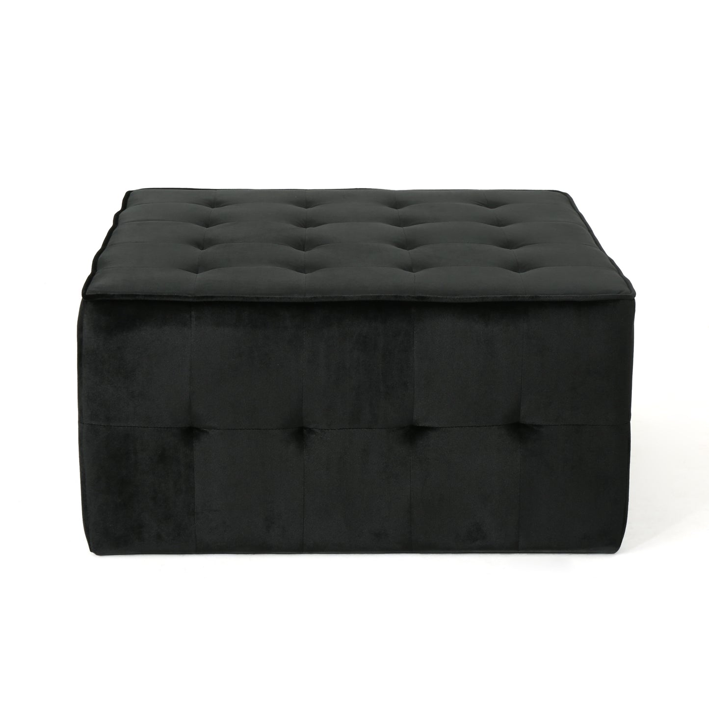 Black velvet ottoman with tufted top and sides