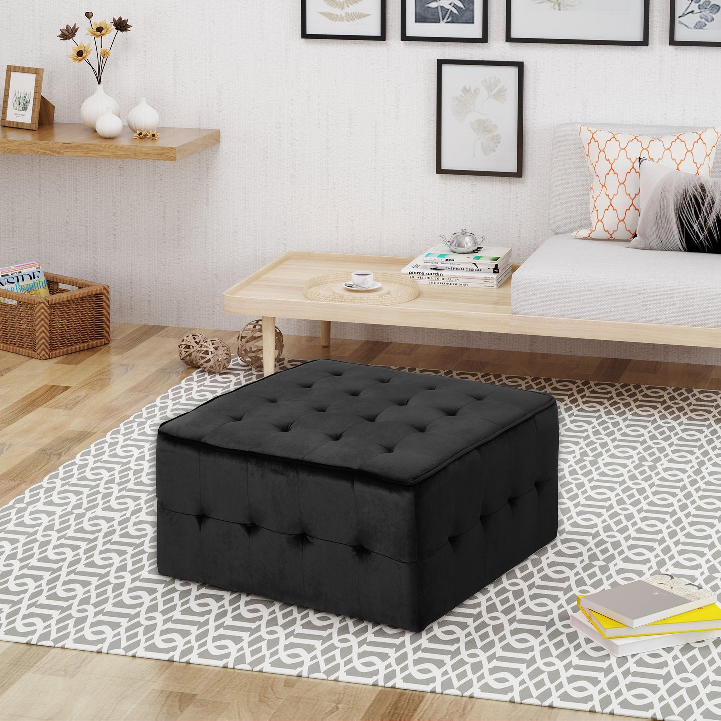 Black velvet tufted square ottoman