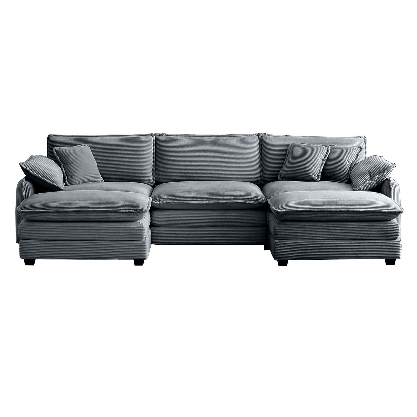 Ushaped sectional sofa in gray corduroy fabric with plush cushions perfect for family living rooms