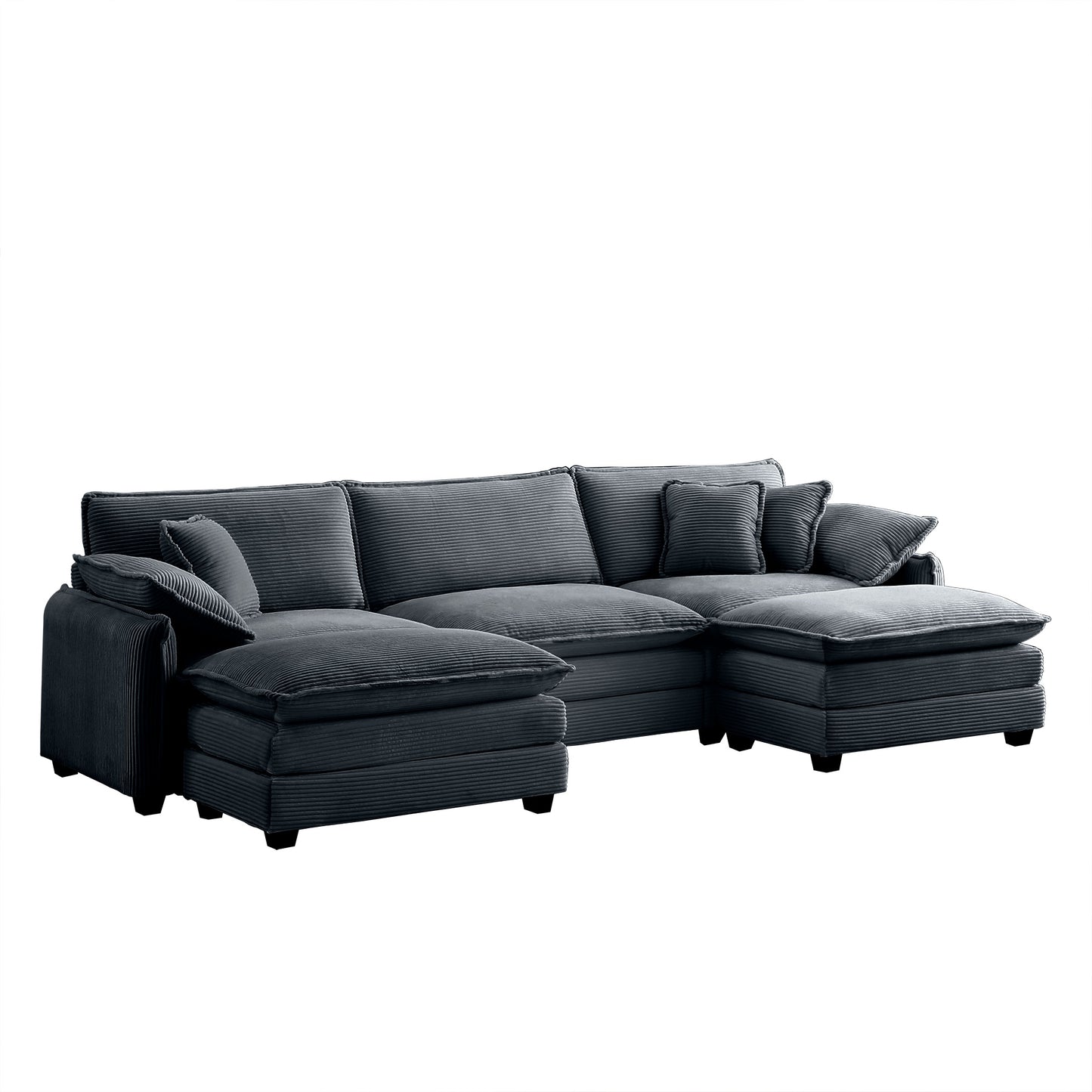 Dark gray corduroy sectional sofa with plush cushions and chaise