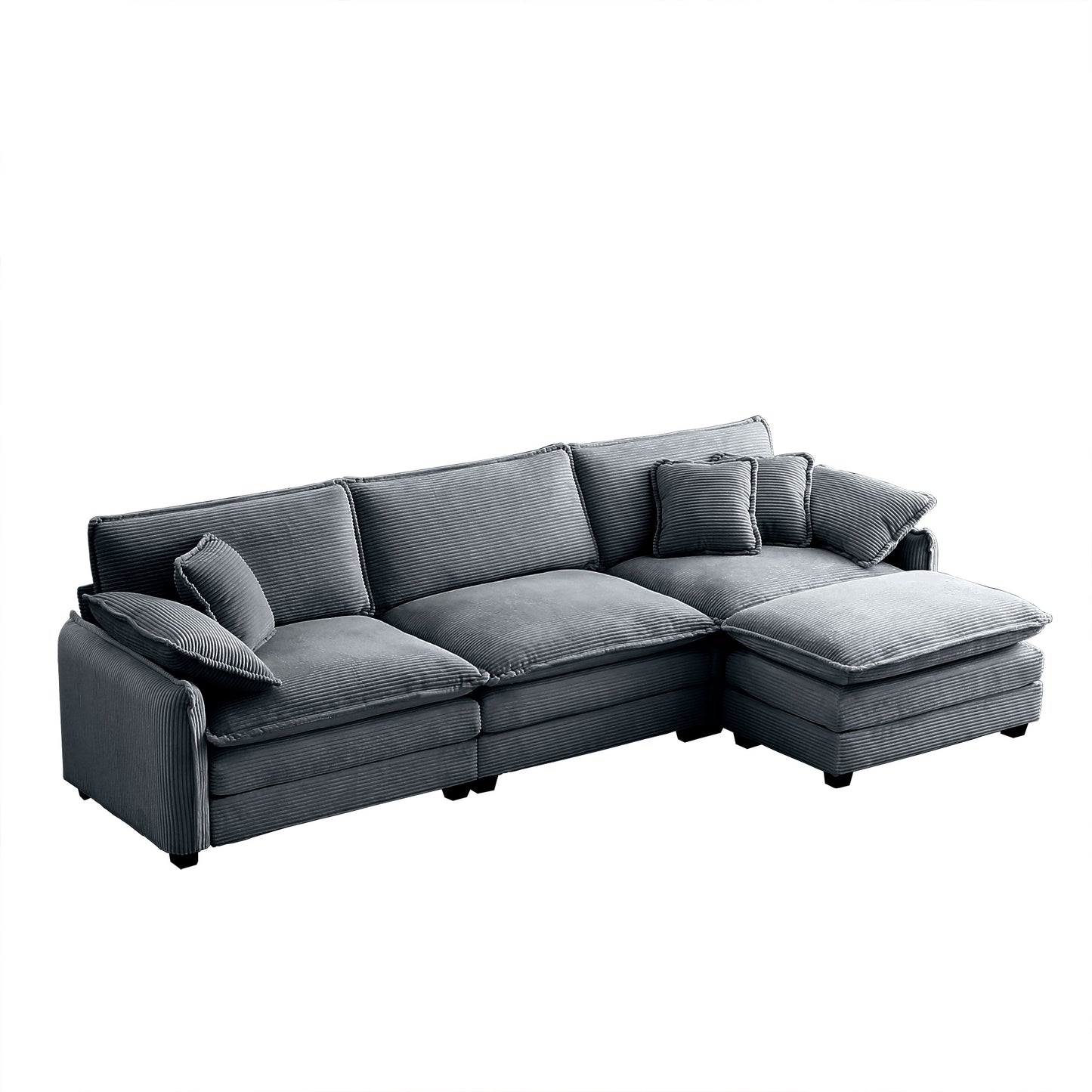 Gray corduroy sectional sofa with plush cushions and an ottoman