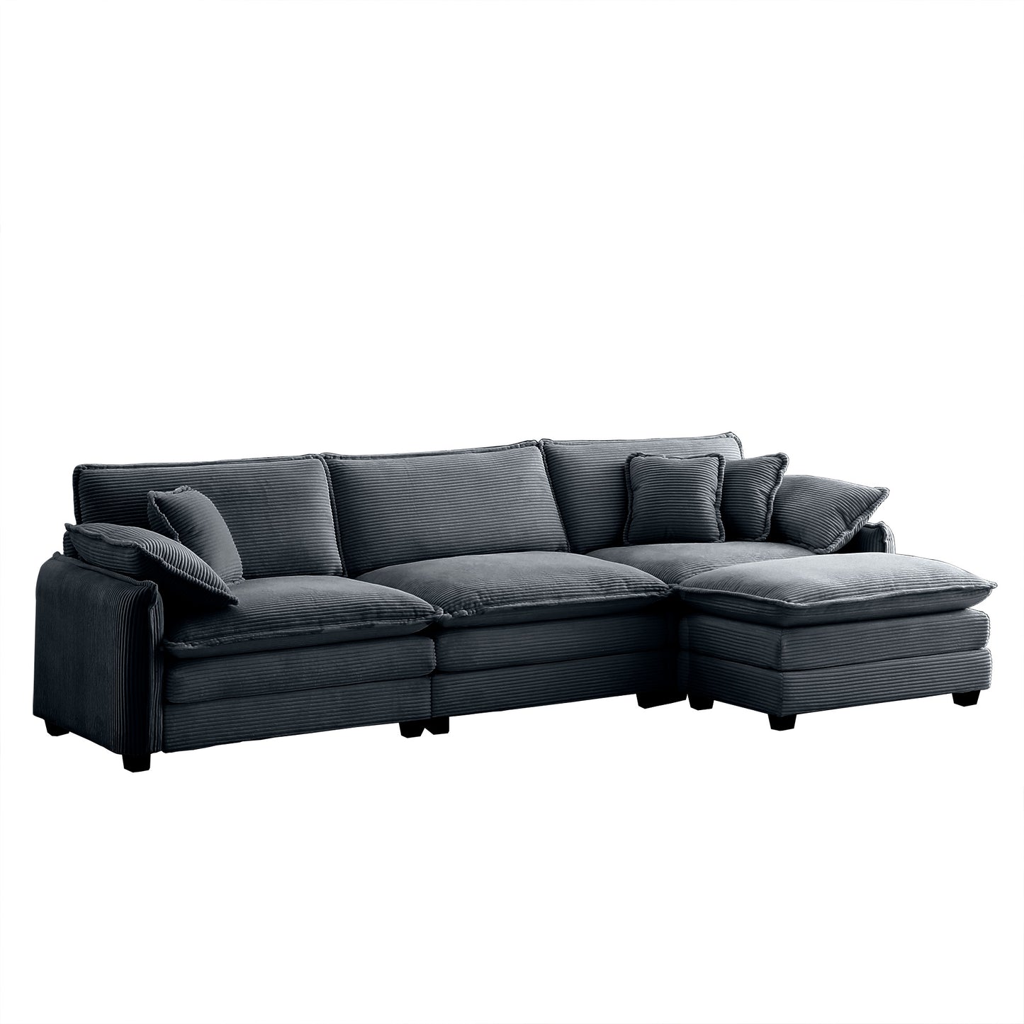Dark grey corduroy sectional sofa with chaise lounge and plush cushions