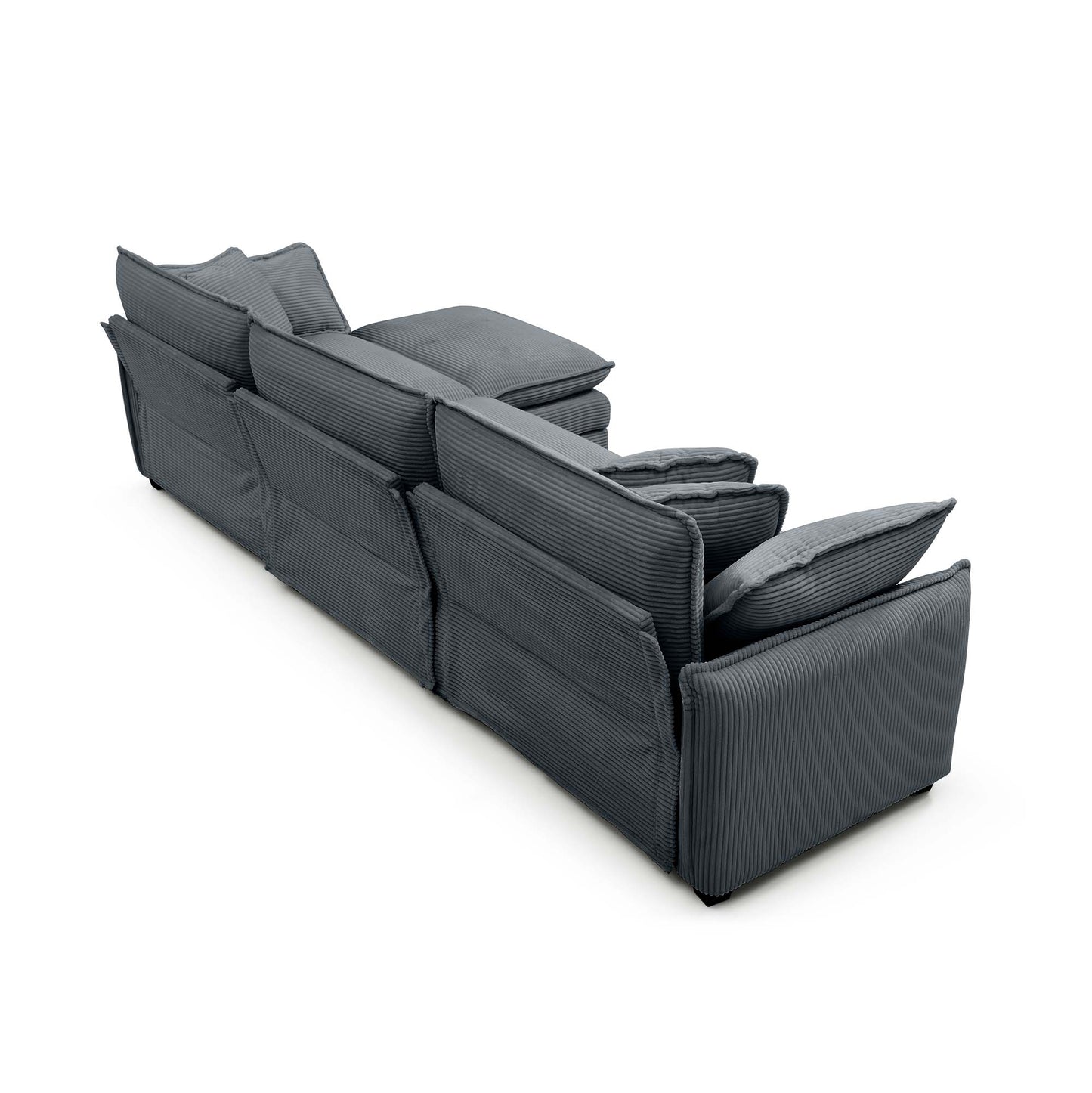 Dark grey corduroy sectional sofa with plush deep cushions and modern design