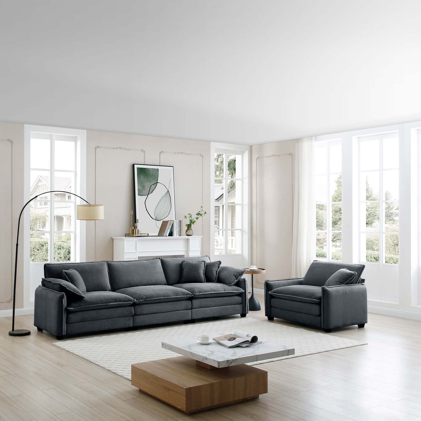 Dark grey corduroy sectional sofa with plush cushions for ultimate comfort