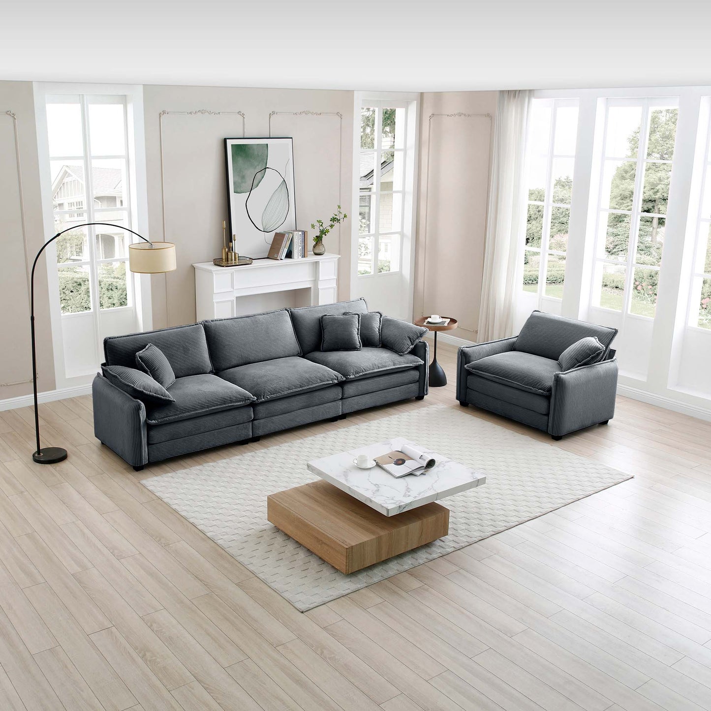 Cozy grey corduroy sectional sofa with plush cushions perfect for modern living rooms