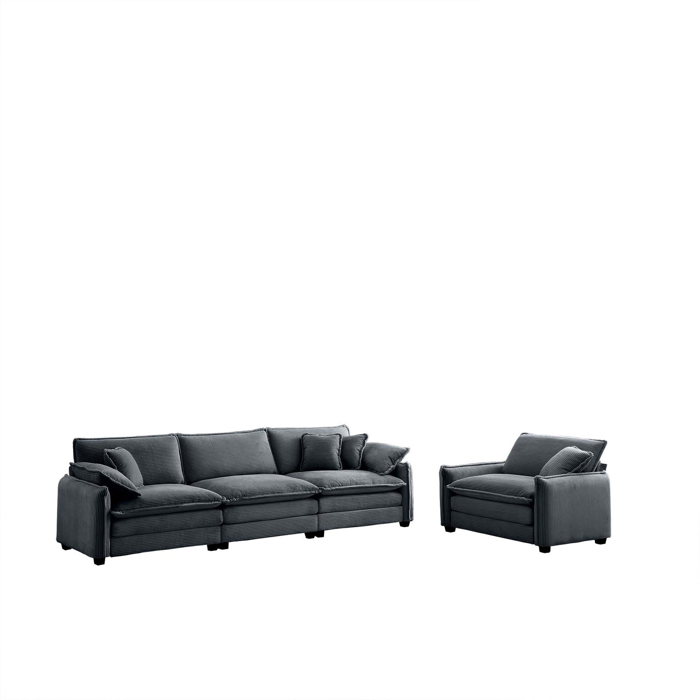 Dark grey corduroy sectional sofa with plush cushions modern living room furniture