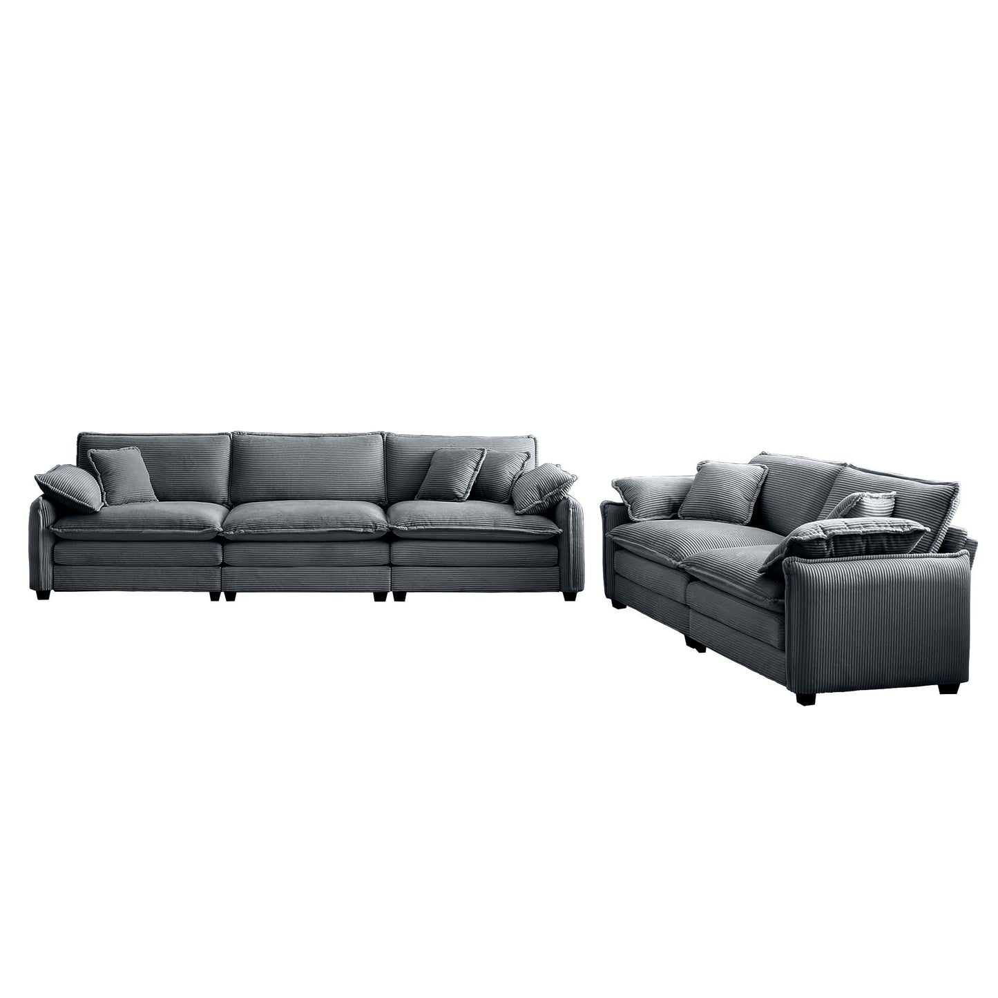 Plush grey corduroy sectional sofa with deep cushions and matching throw pillows