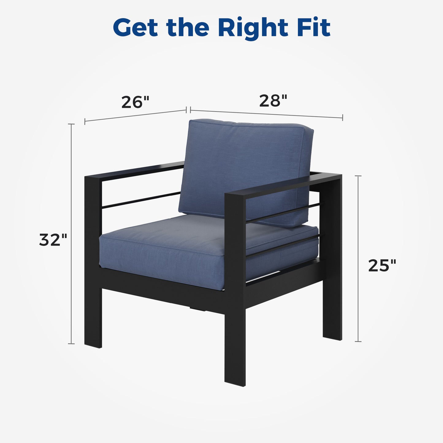Modern black metal armchair with comfortable blue cushions width