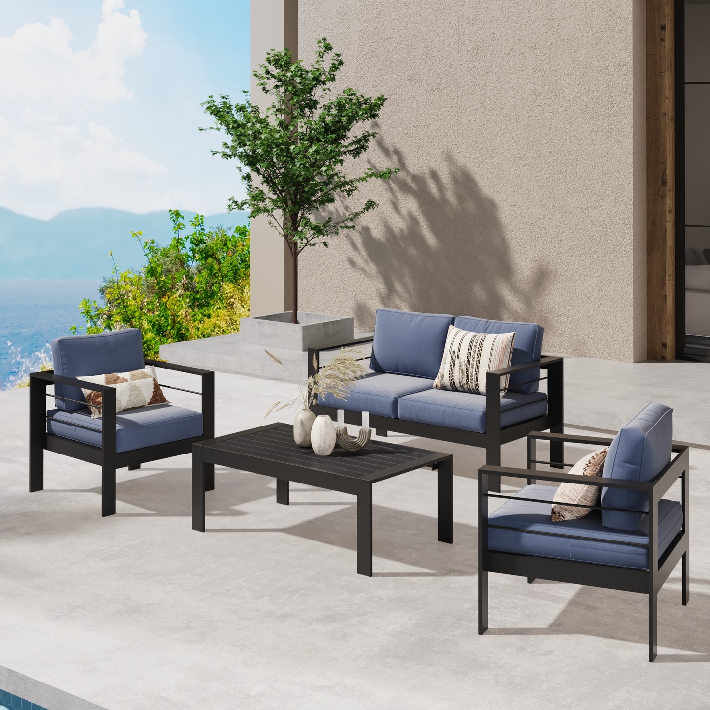 Blue upholstered modern outdoor patio furniture set with black metal frame