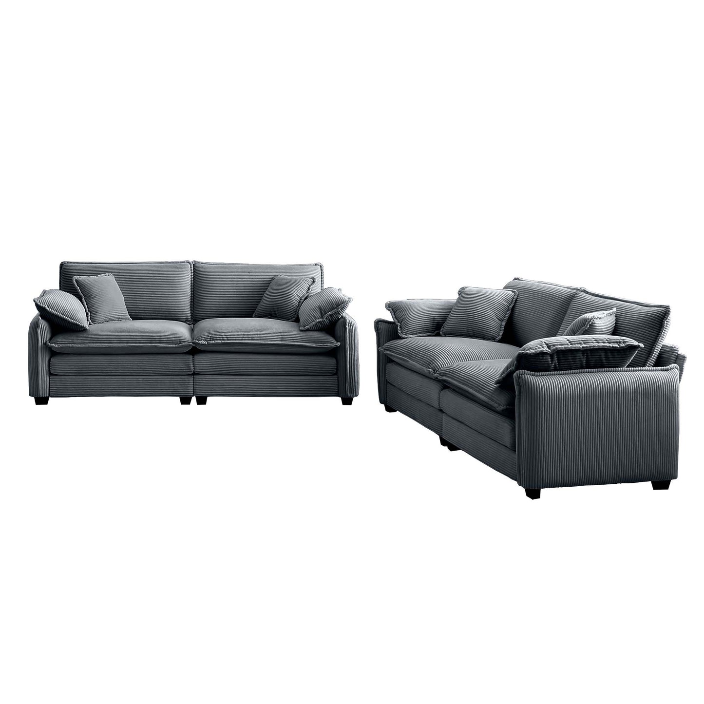 Dark grey corduroy sectional sofa with plush cushions and matching throw pillows