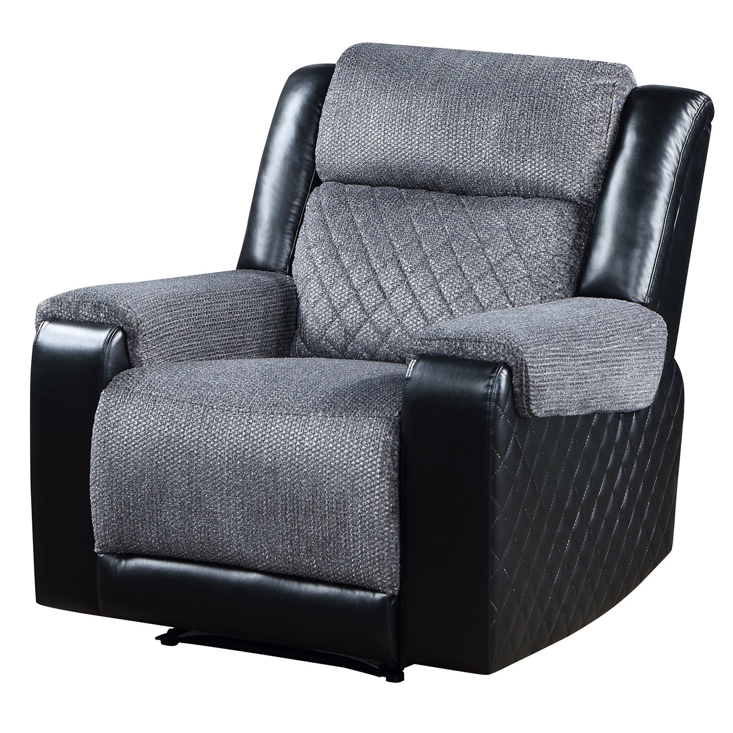 Gray fabric recliner with black leather accents and diamond stitching detail