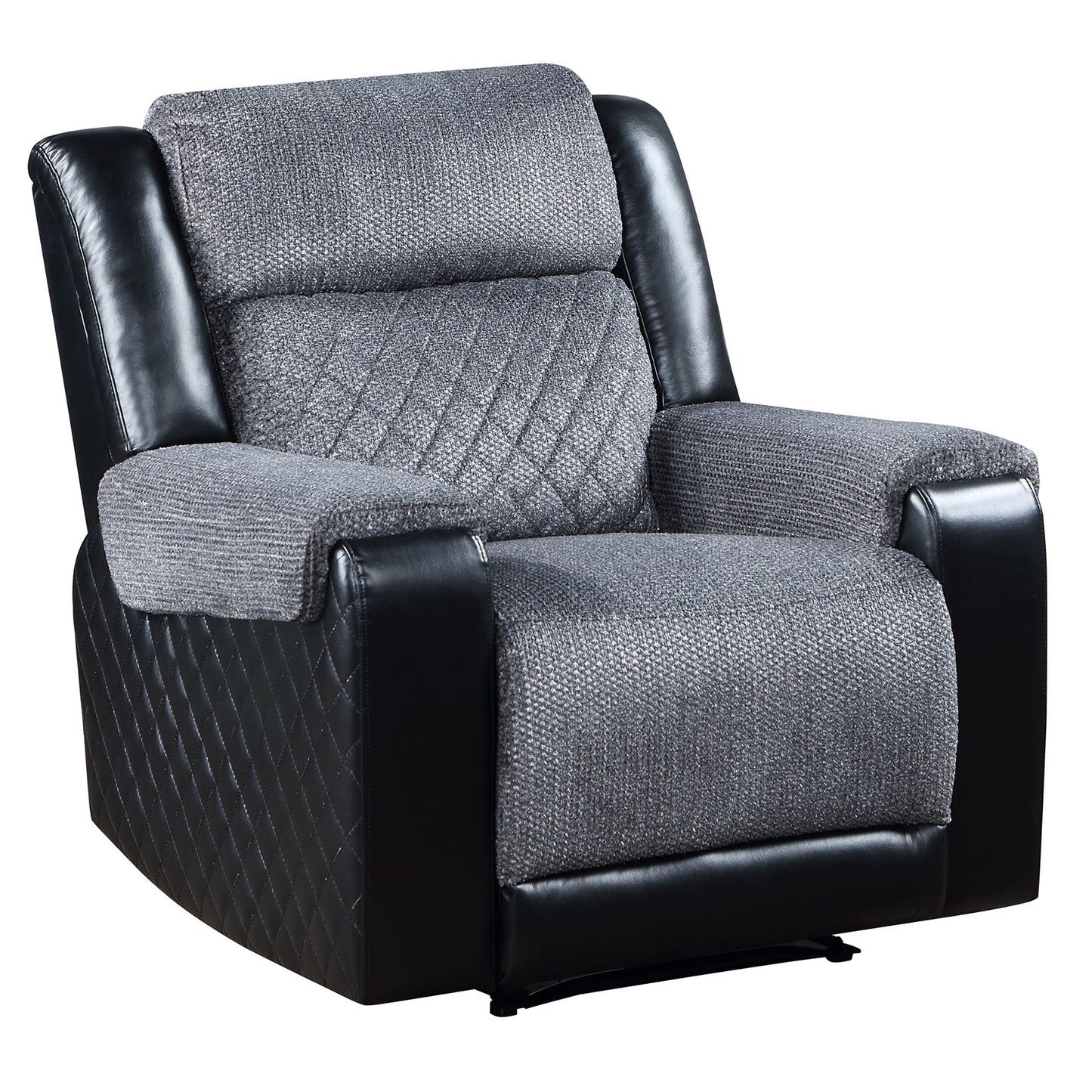 Black and gray recliner chair with diamondstitched accents and padded armrests perfect for home theater