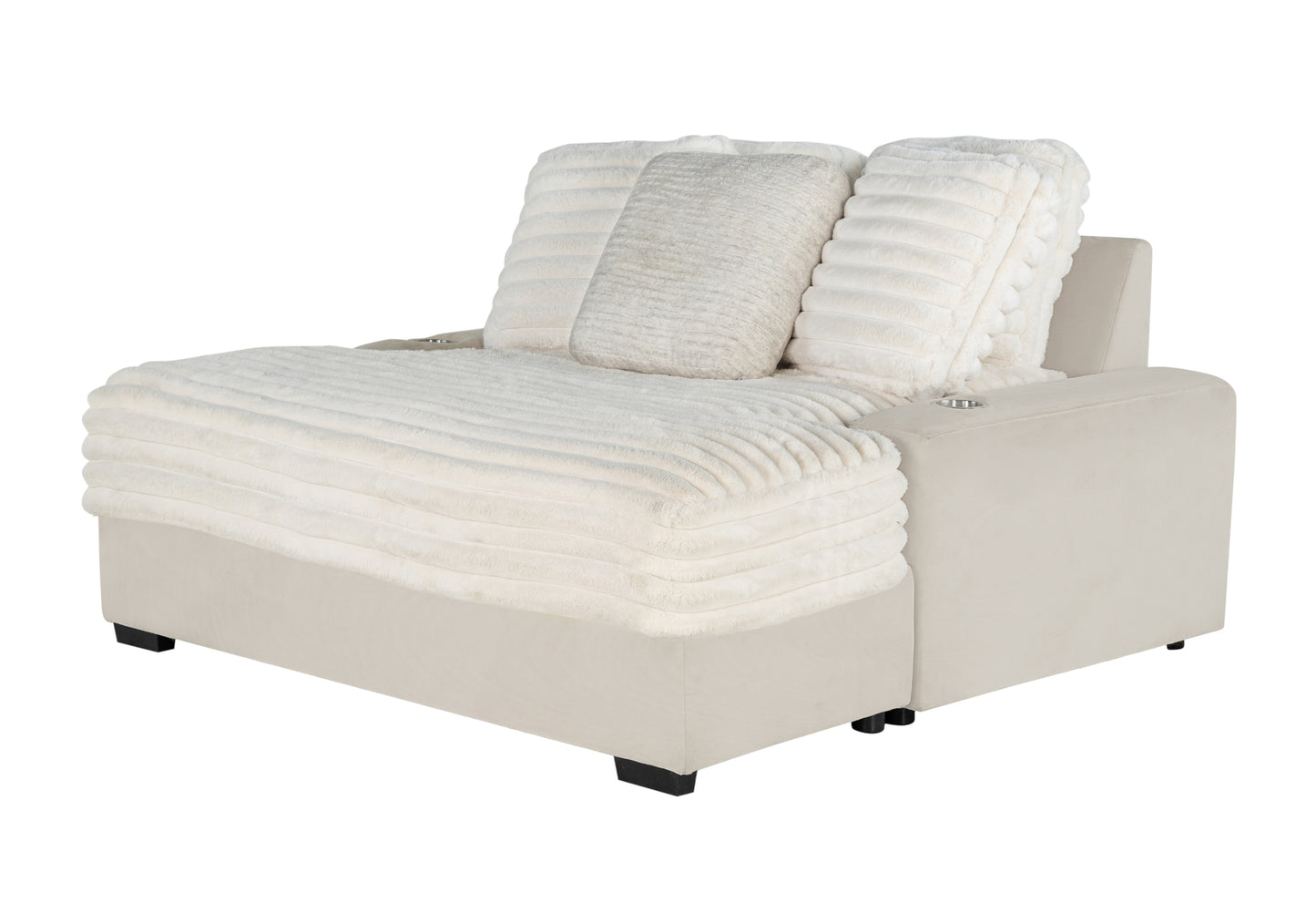 Plush ivory chaise lounge with textured pillows and cup holder
