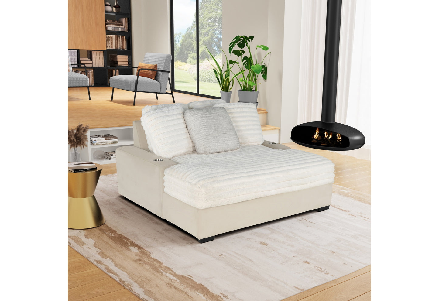Cream chaise lounge with plush white cushions and integrated cup holder