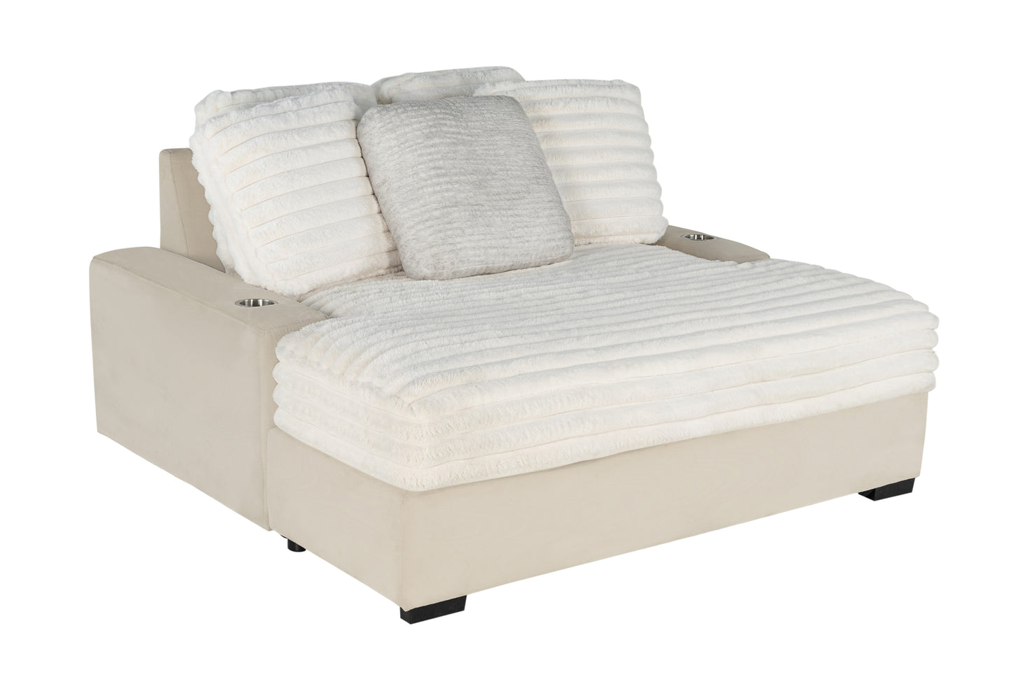 Luxurious cream chaise lounge with plush white throw pillows and builtin cup holders for ultimate relaxation