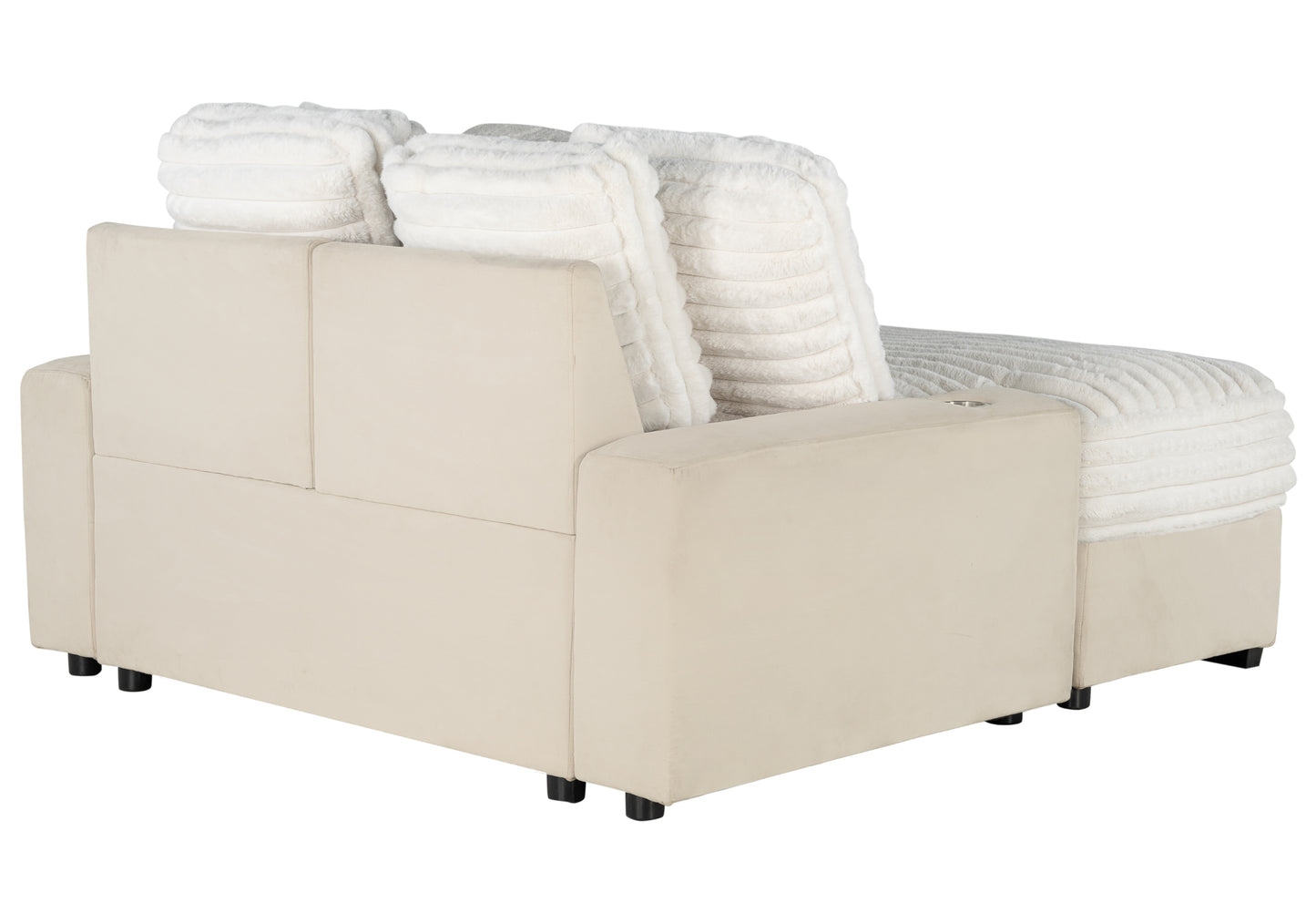 Cream sofa bed with plush white ribbed cushions and builtin cup holder